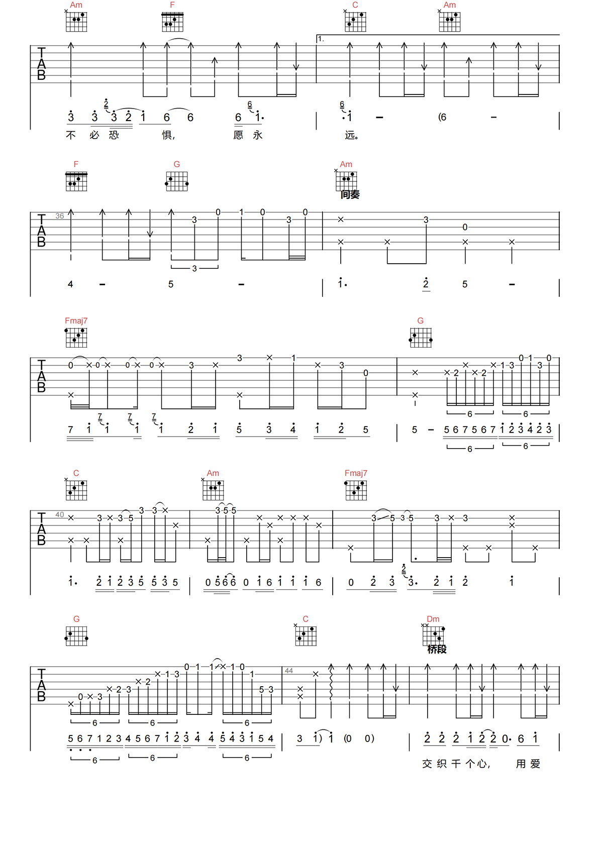 BEYOND《交织千个心》C调 原版弹唱谱