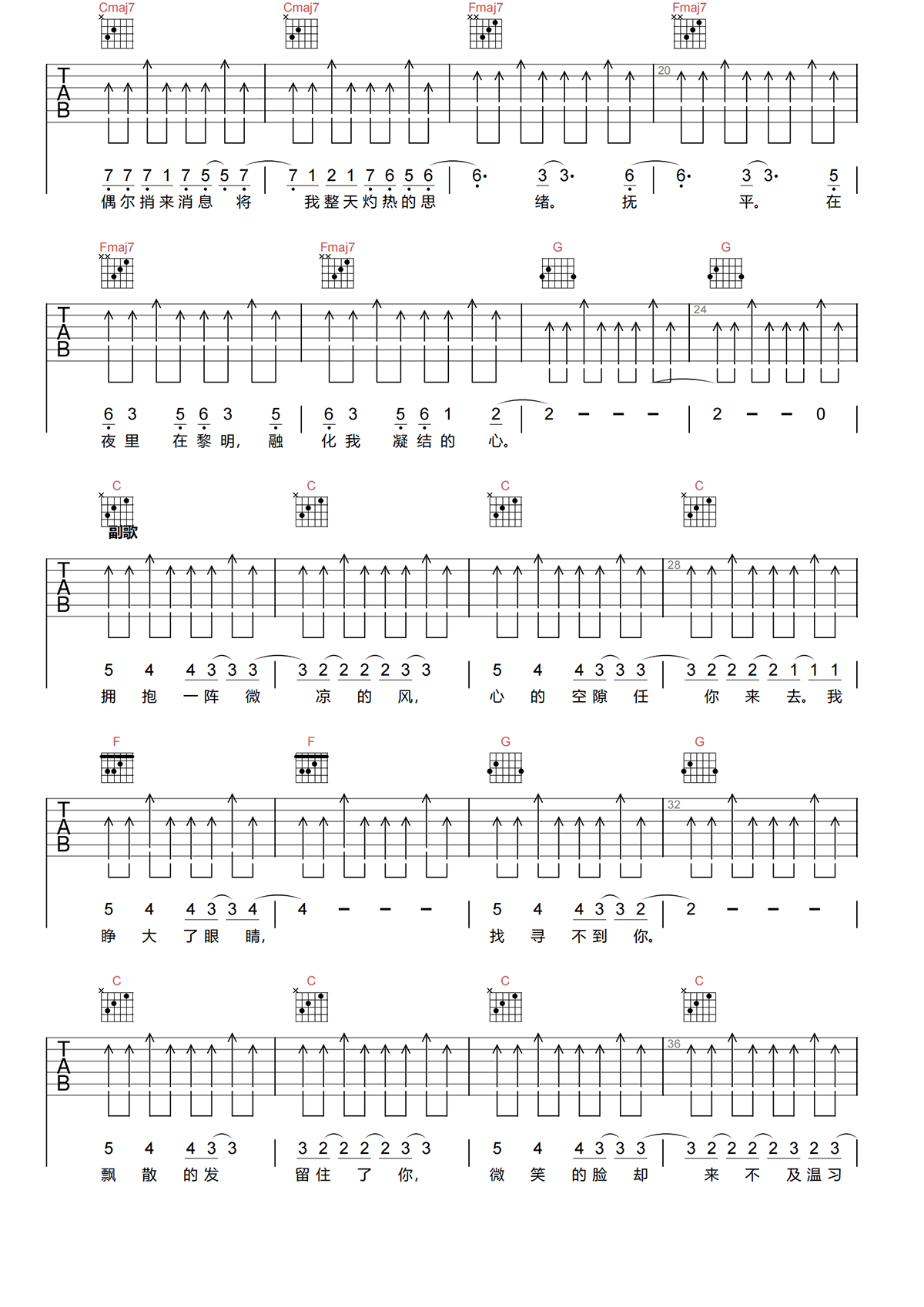 微凉的你吉他谱-陈绮贞《微凉的你》C调原版吉他谱简谱