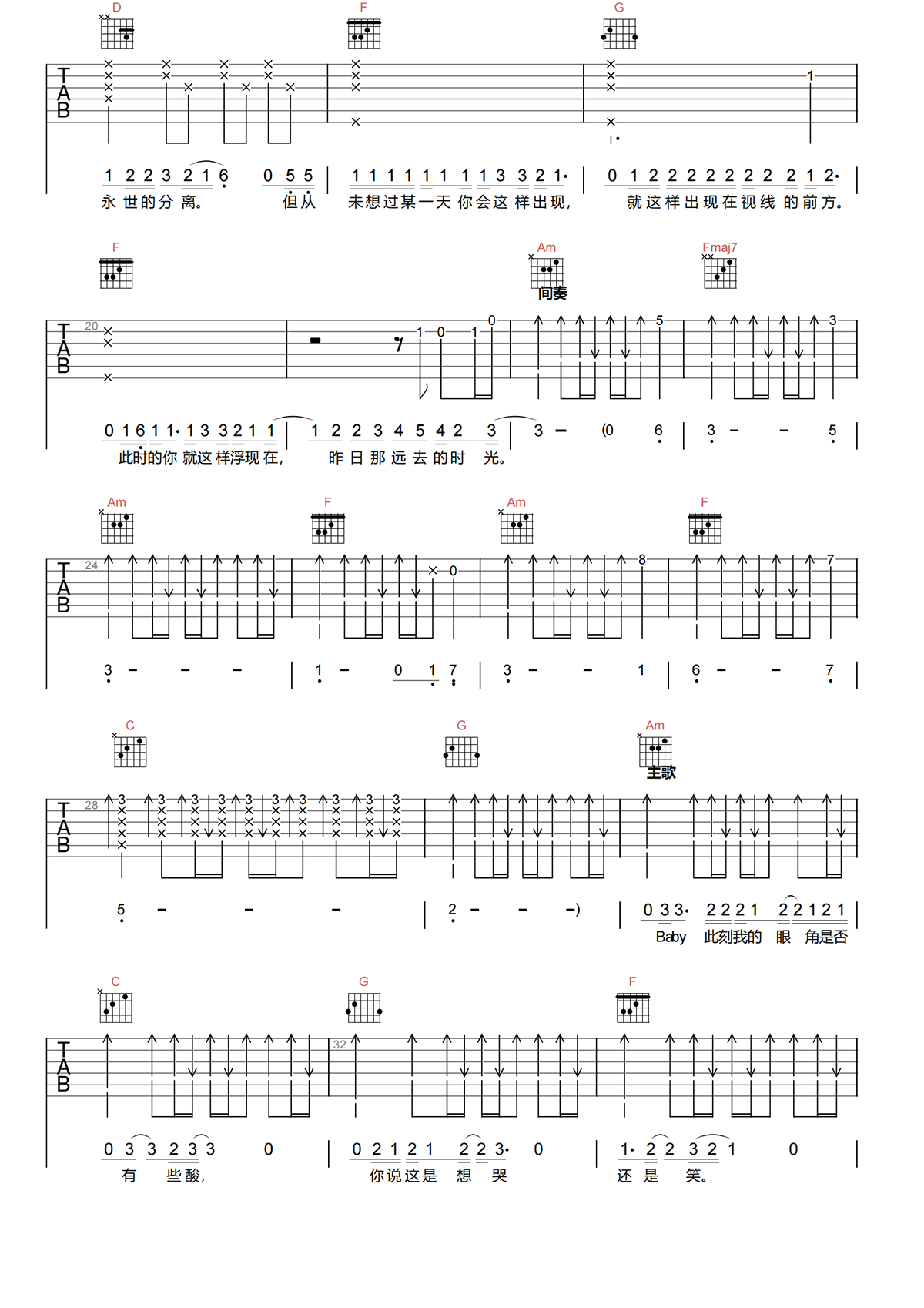 你的城市吉他谱-声音玩具-C调原版吉他谱-吉他弹唱谱简谱