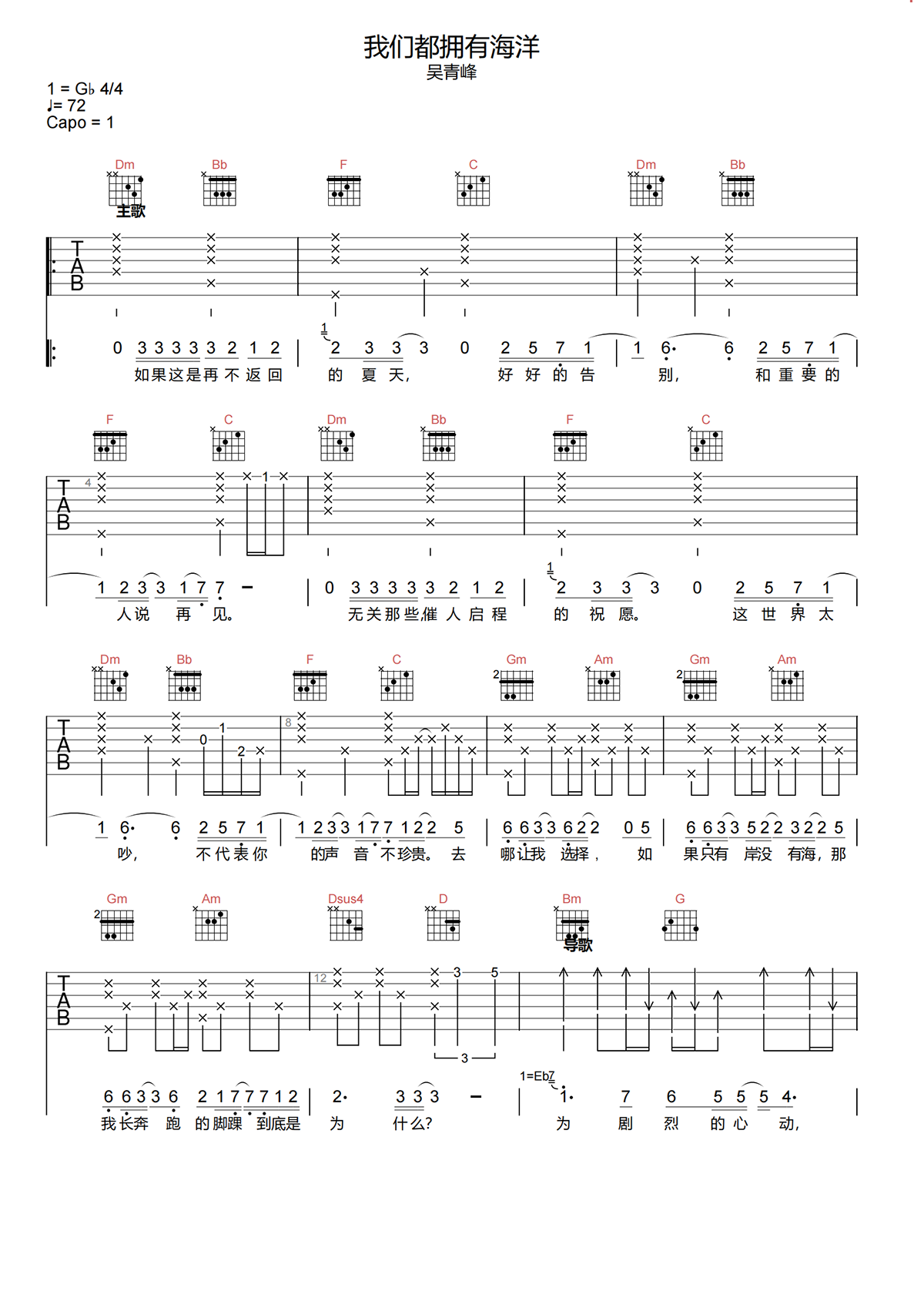 吴青峰《我们都拥有海洋吉他谱》F调原版弹唱谱简谱
