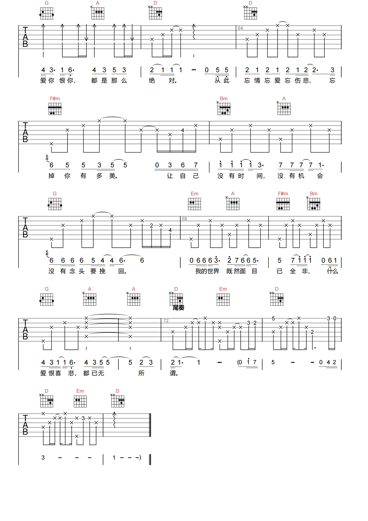 张信哲《忘情忘爱吉他谱》D调原版吉他谱简谱