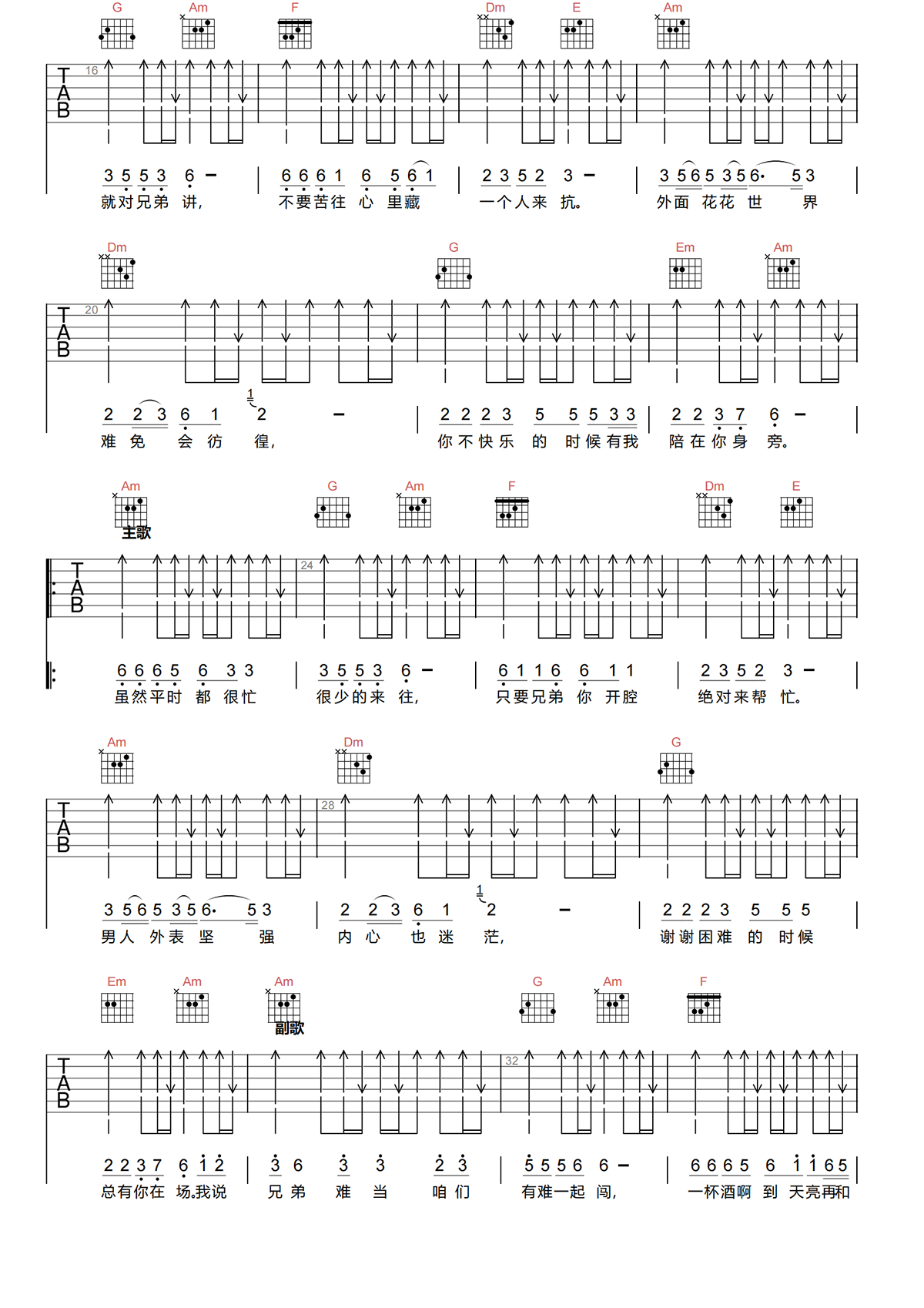 兄弟难当吉他谱-杜歌-C调原版吉他谱-吉他弹唱谱简谱