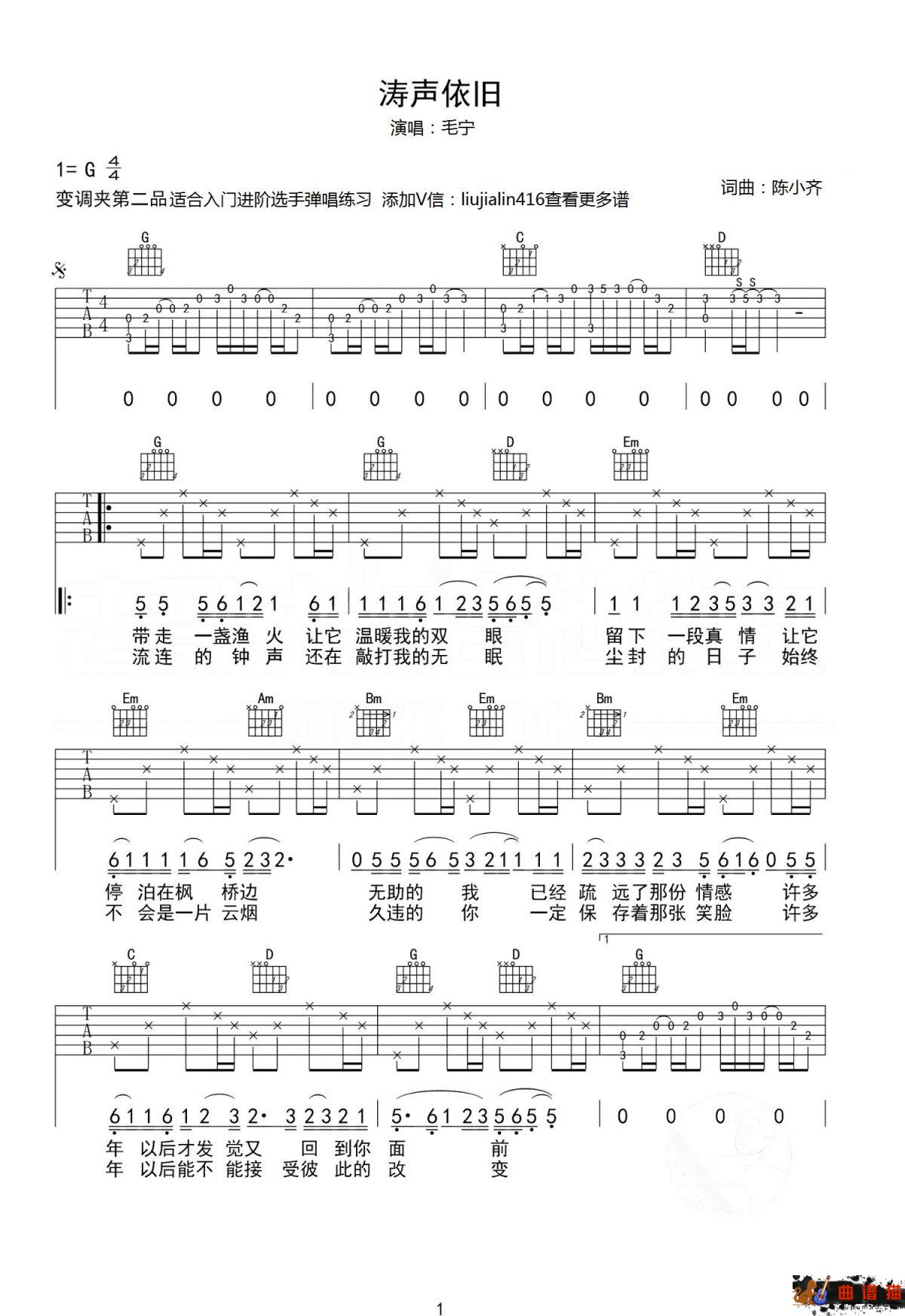 毛宁《涛声依旧》吉他谱-G调简谱