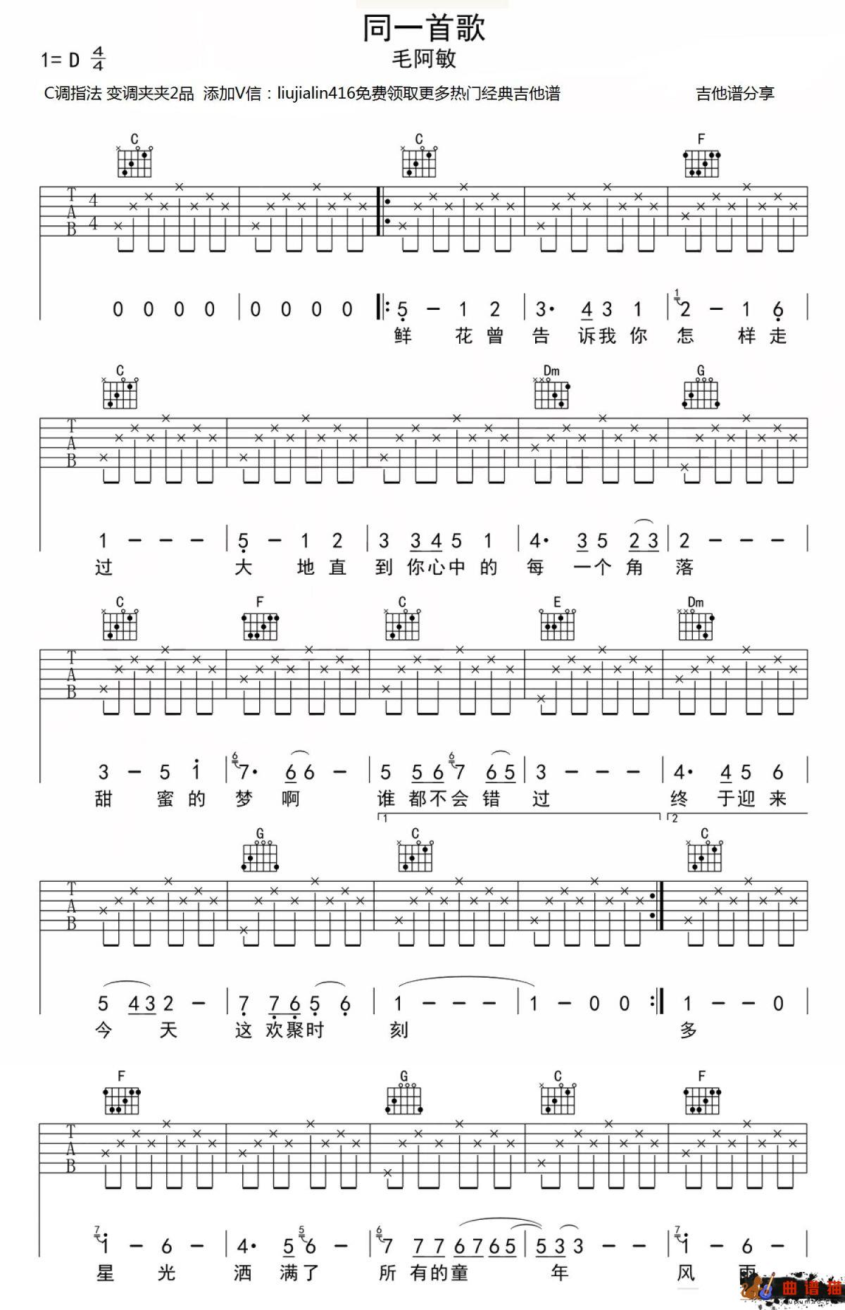 毛阿敏《同一首歌》吉他谱-C调简谱