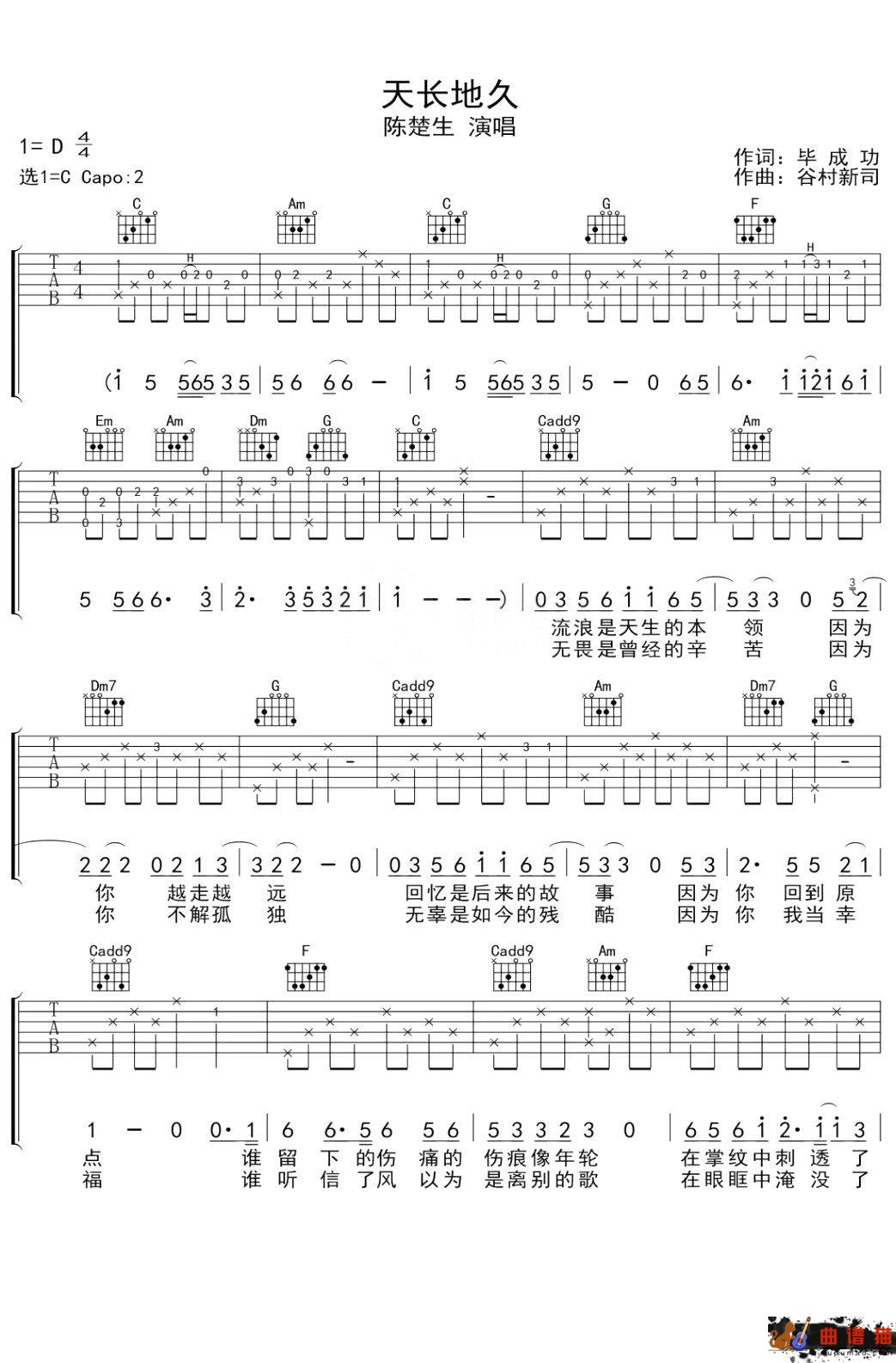 陈楚生《天长地久》吉他谱-C调简谱