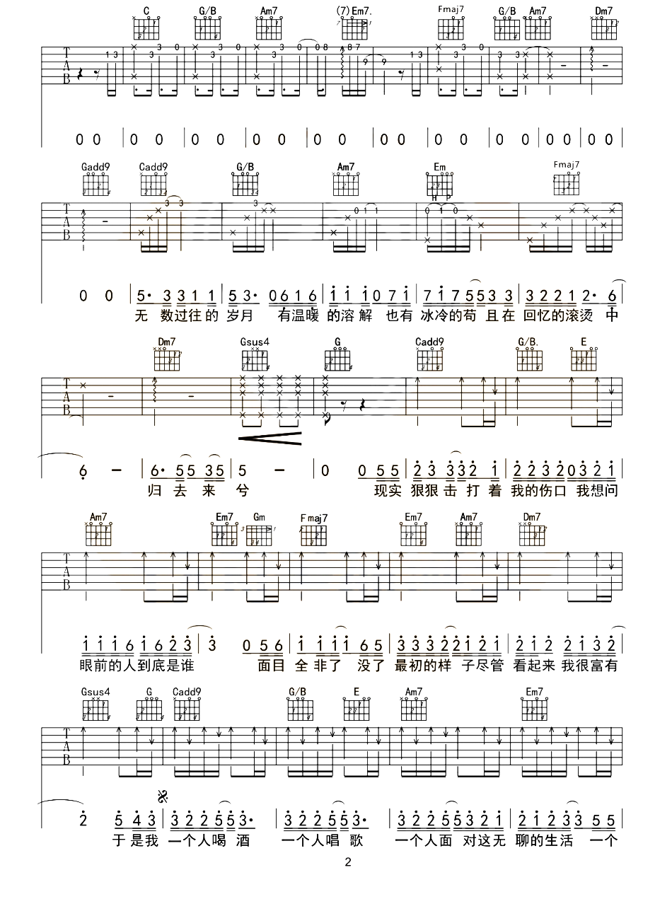 一个人吉他谱-韩红-一个人C调指法原版吉他谱简谱