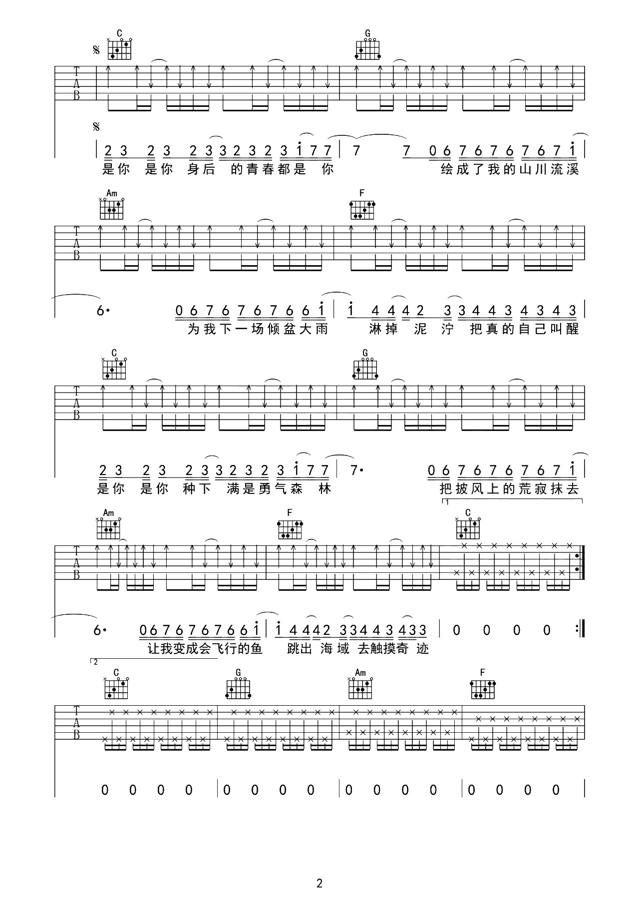 是你吉他谱-梦然-C调原版吉他谱-弹唱演示教学简谱