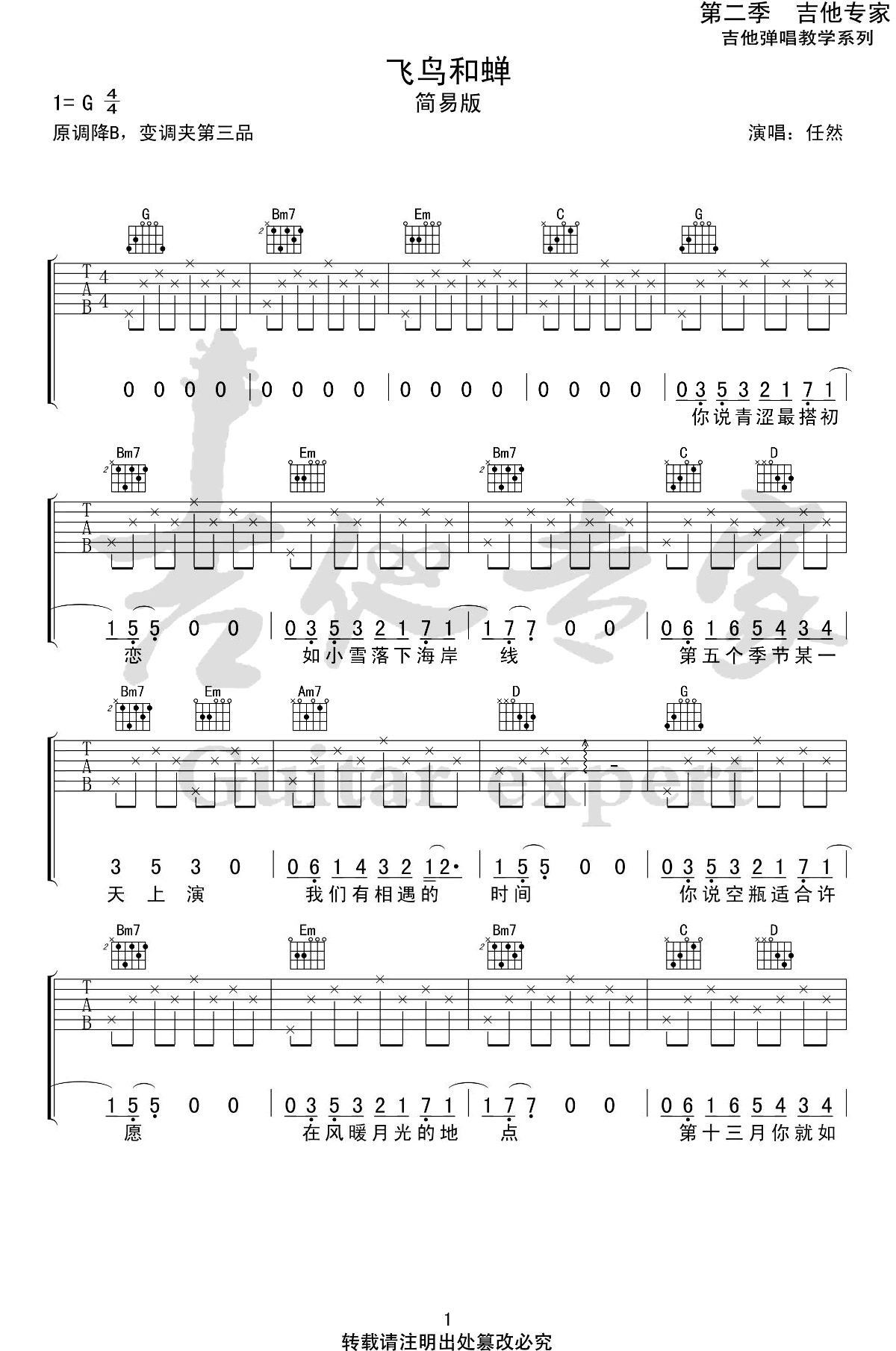 任然《飞鸟和禅》吉他谱-G调简单版弹唱谱简谱