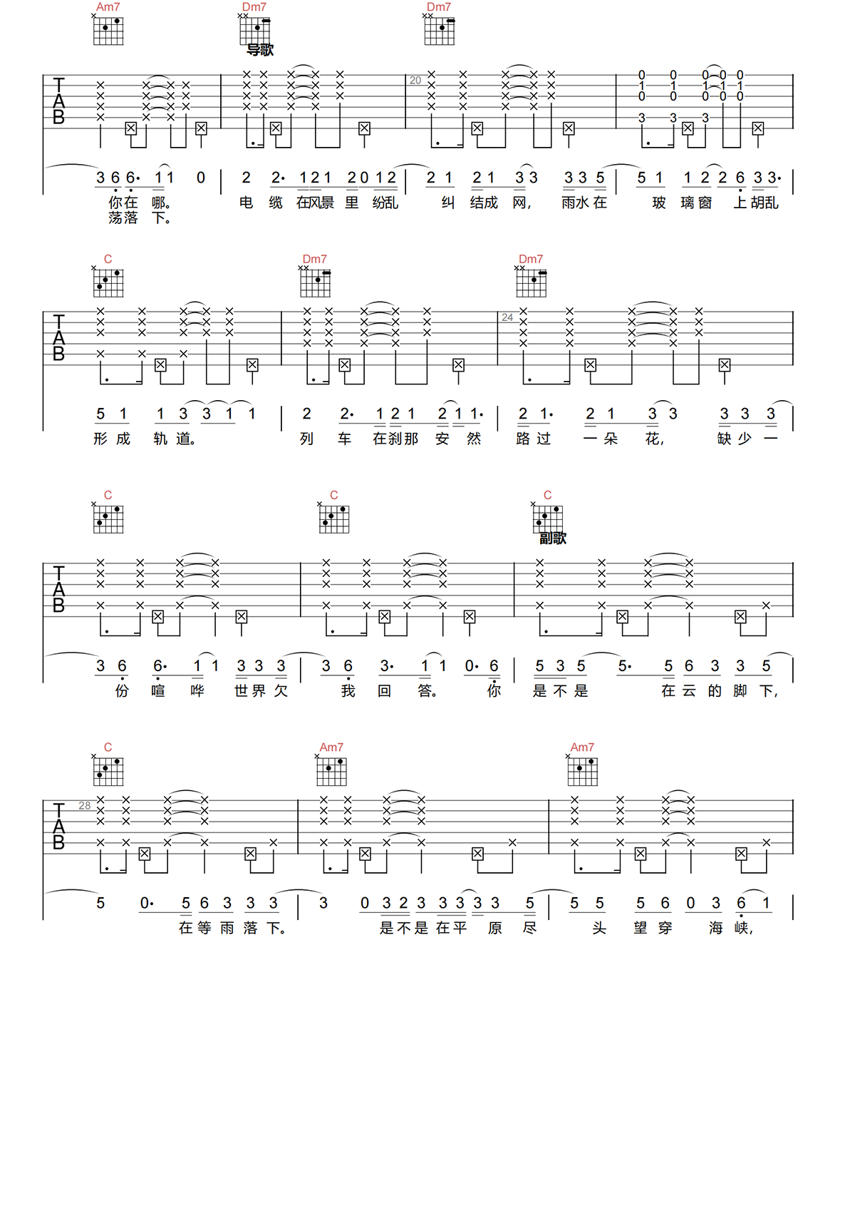 望穿吉他谱-陈粒-望穿C调吉他谱-原版弹唱谱简谱
