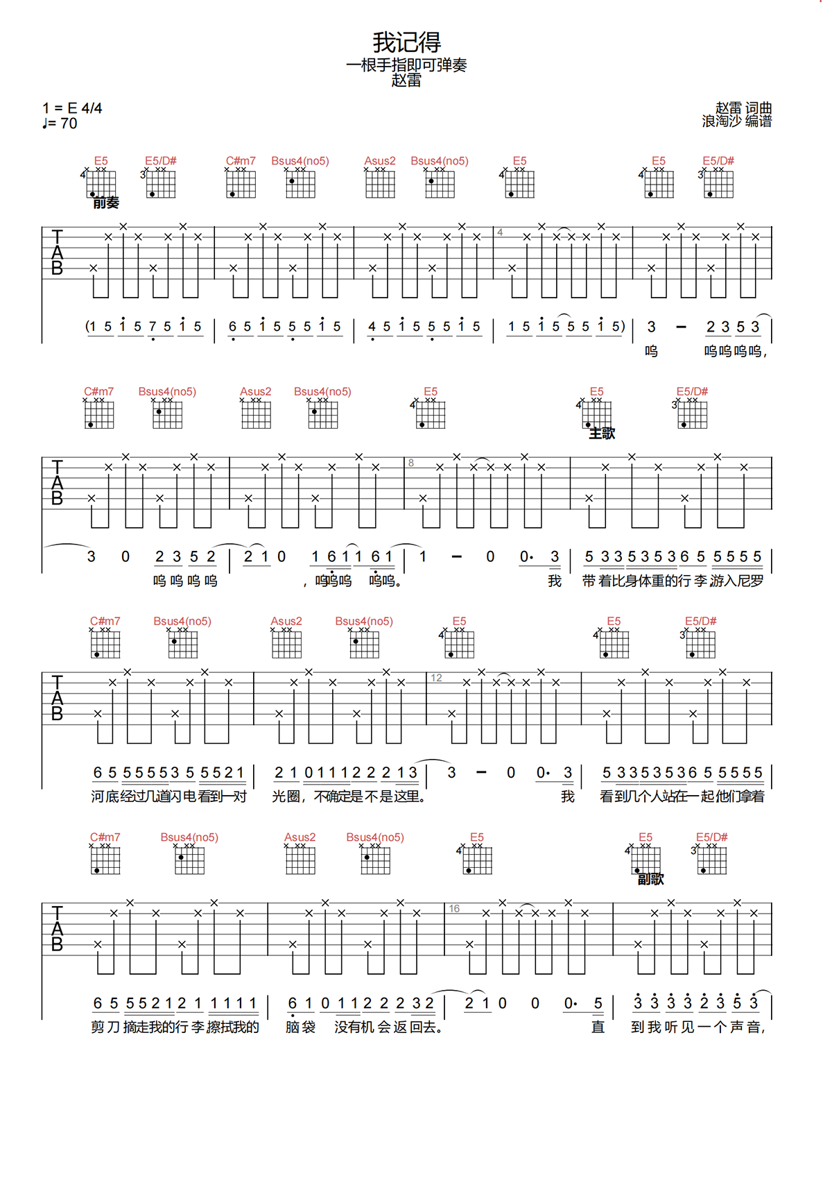 《我记得》吉他谱-赵雷-E调优化原版吉他谱 《我记得》吉他谱-赵雷-E调优化原版吉他谱