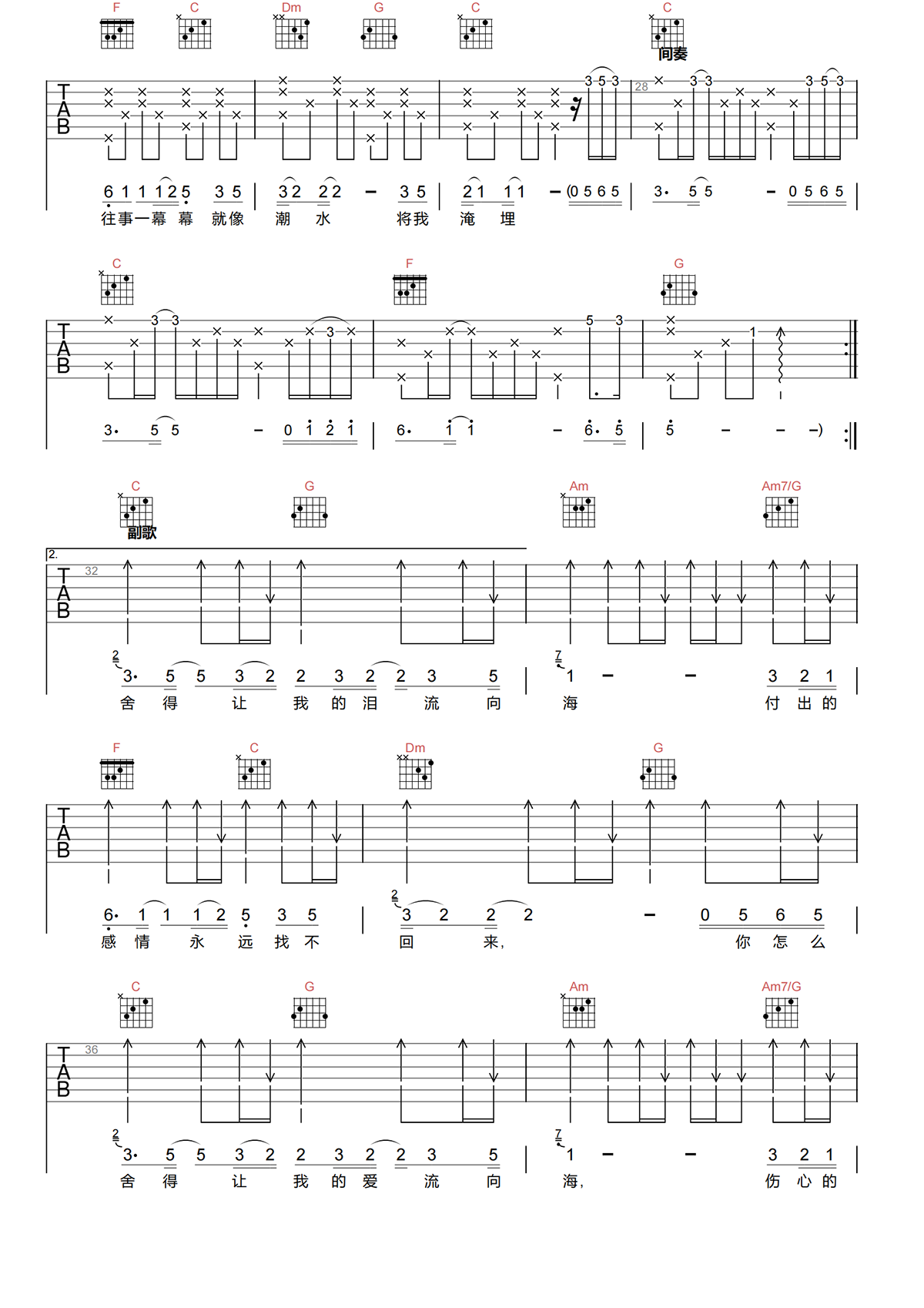 泪海吉他谱-许茹芸-泪海C调原版吉他谱-高清弹唱谱简谱