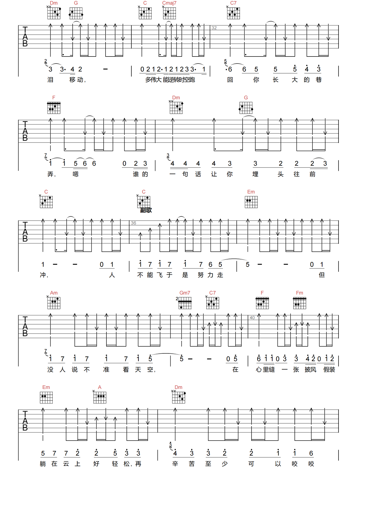陈奕迅《披风》吉他谱 C调吉他谱
