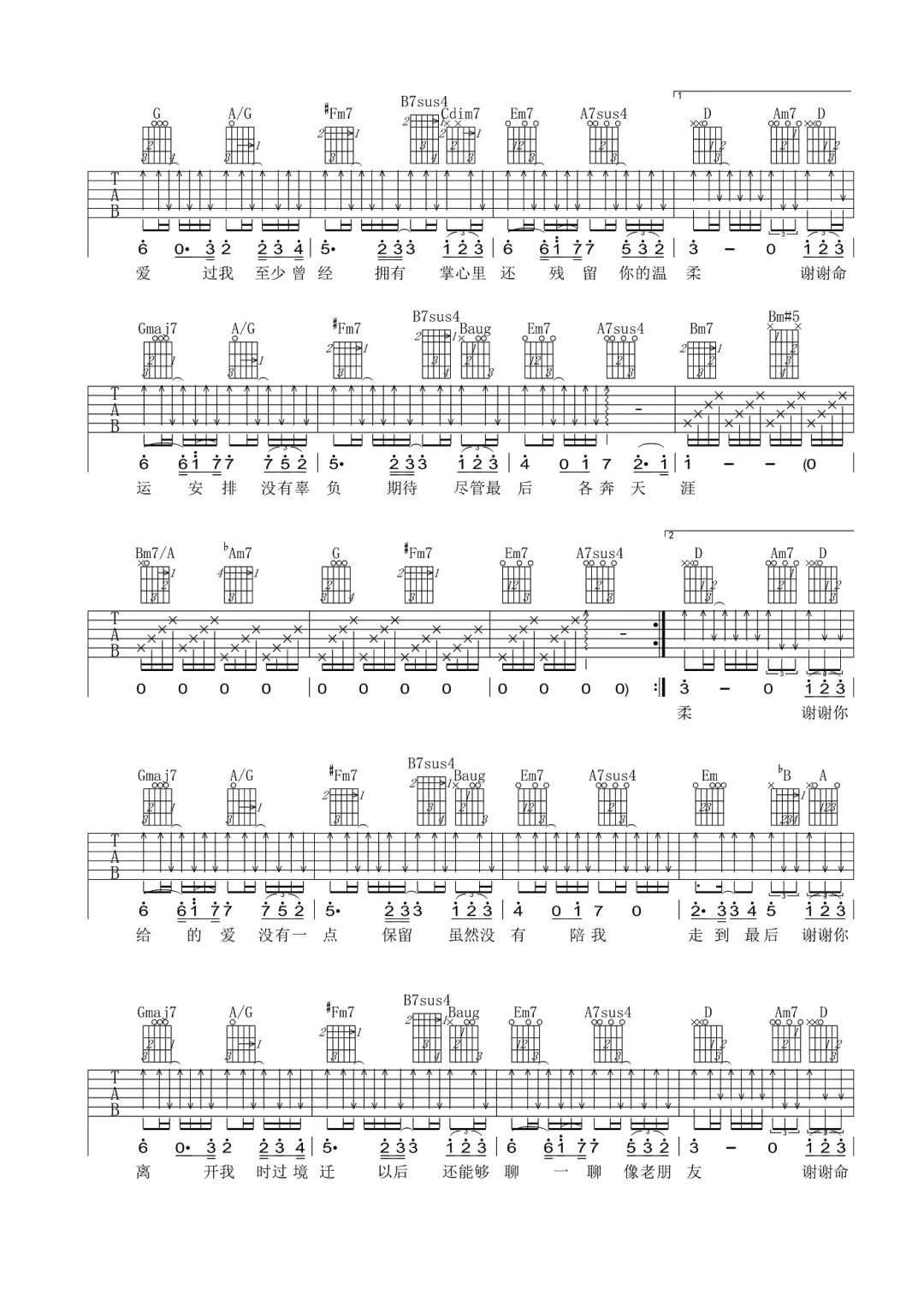 庄心妍《谢谢你》吉他谱-D调简谱