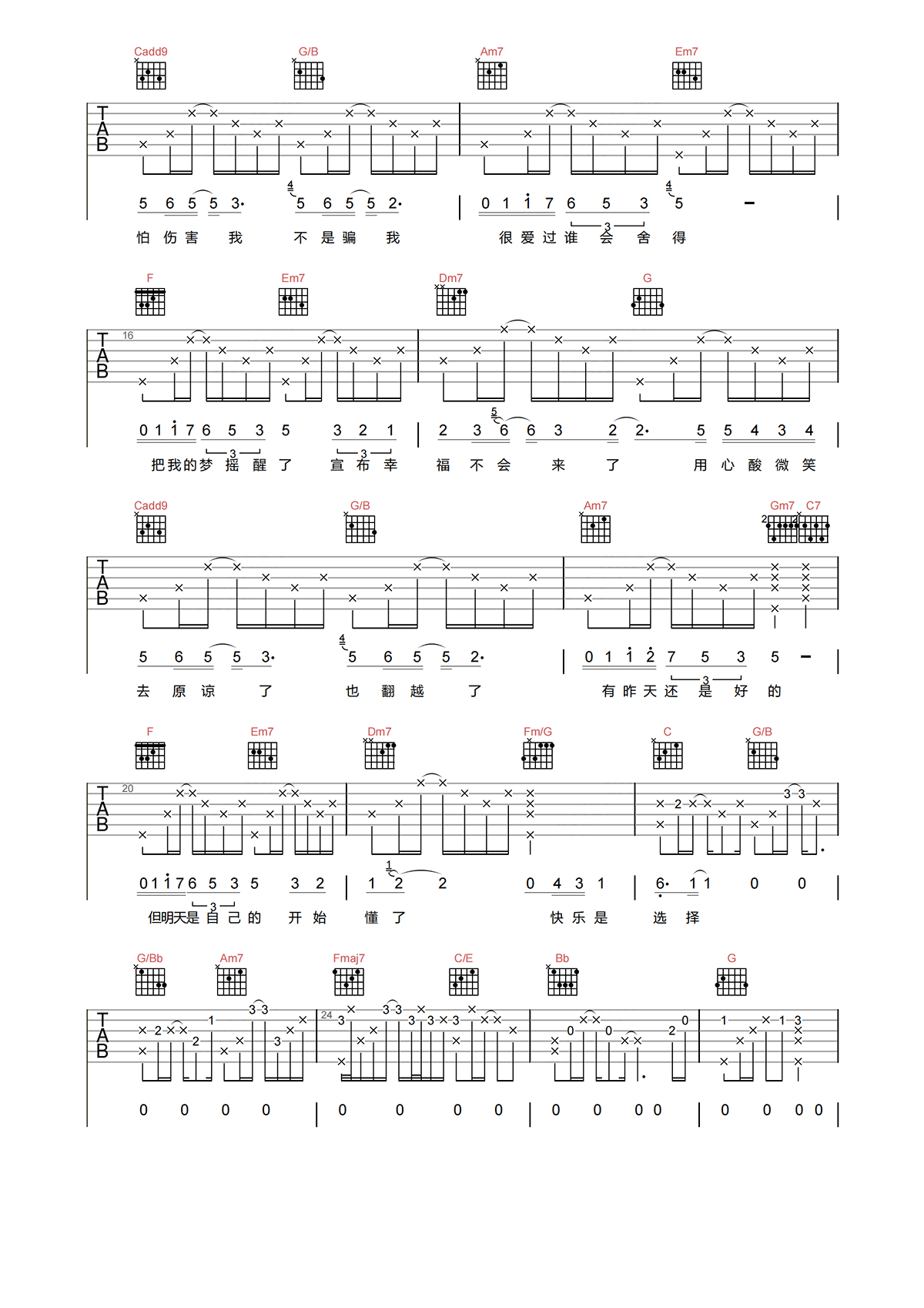 阿冗《开始懂了》吉他谱-C调男生原版吉他谱简谱