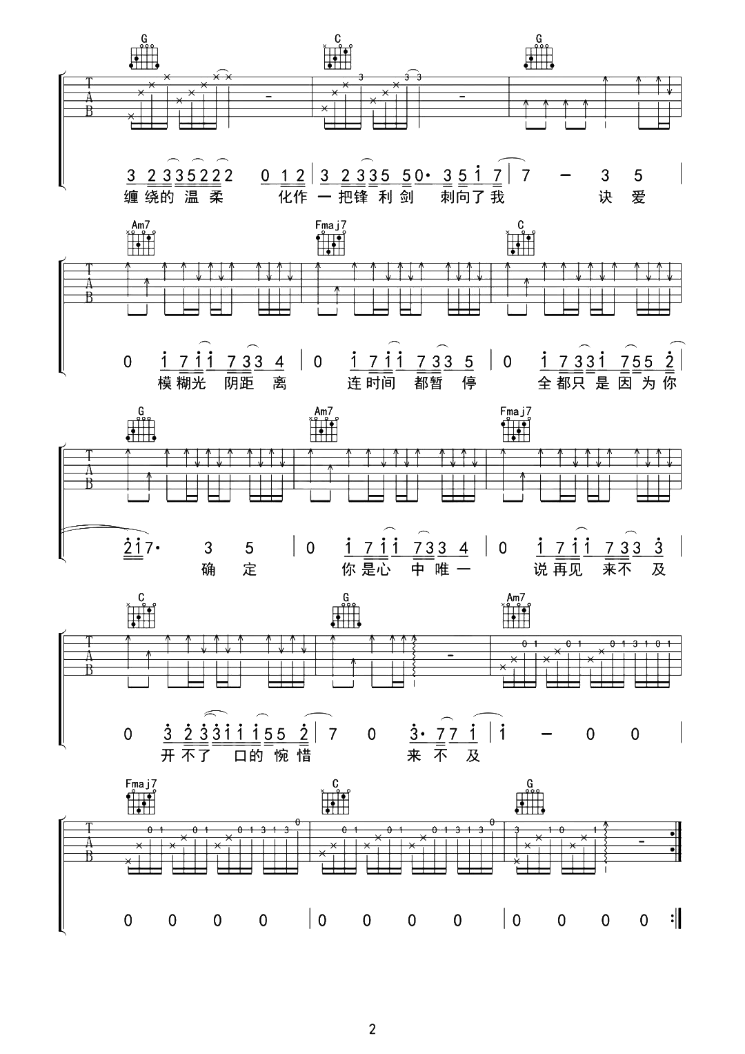 诀爱吉他谱-詹雯婷-C调原版弹唱演示简谱