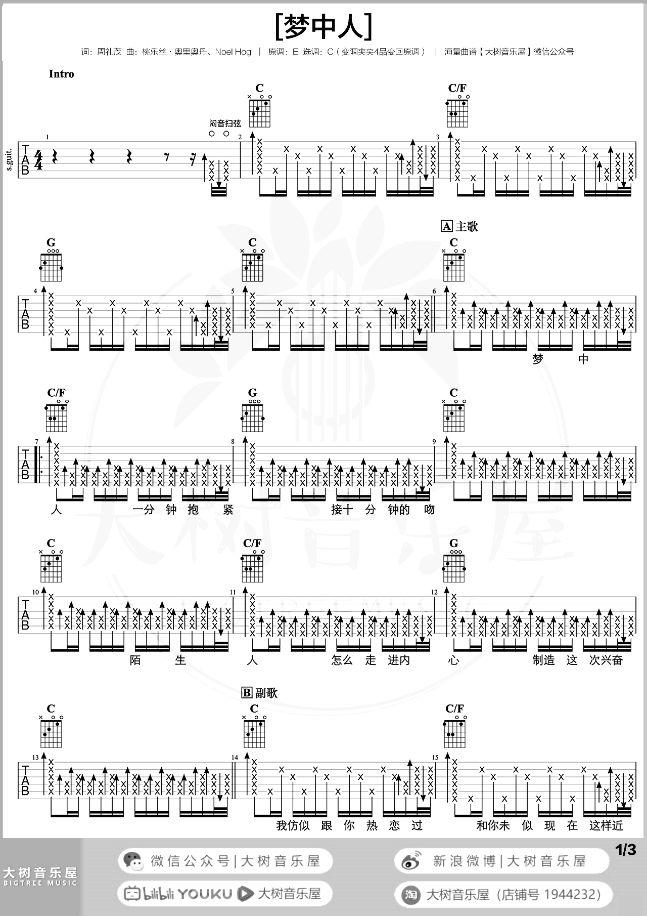 《梦中人》吉他谱-王菲-C调精编超原版-图1