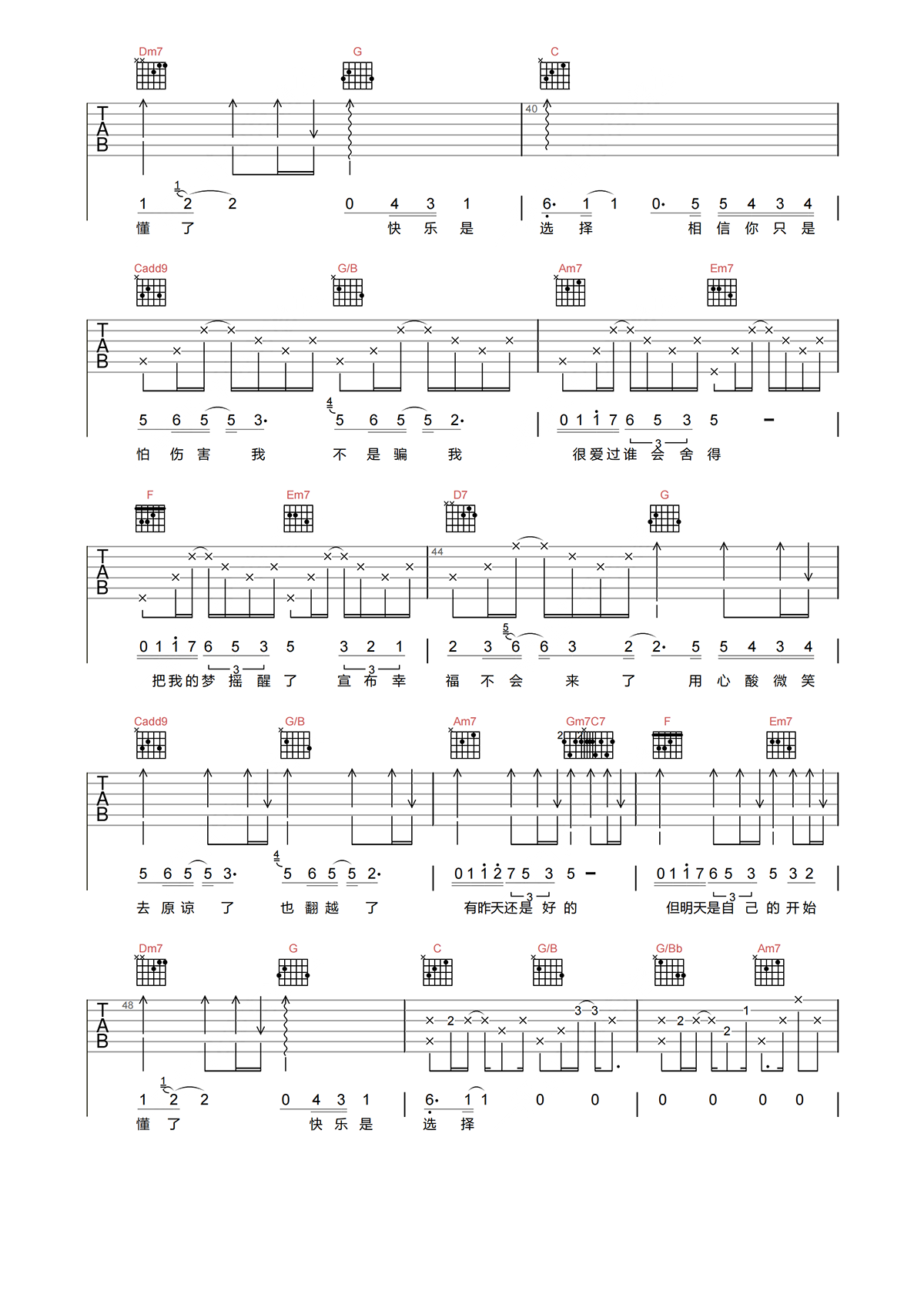 阿冗《开始懂了》吉他谱-C调男生原版吉他谱简谱
