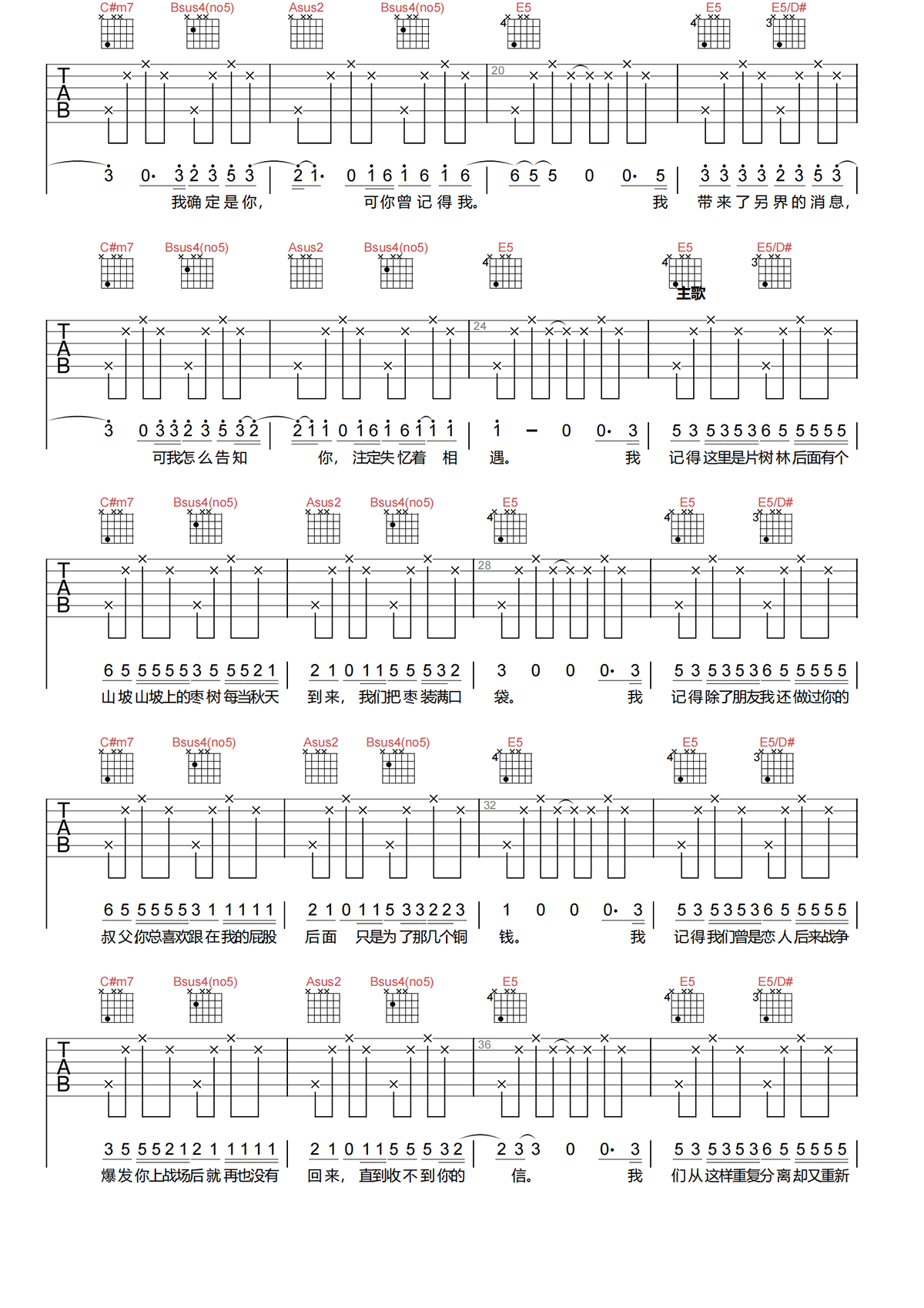 《我记得》吉他谱-赵雷-E调优化原版吉他谱 《我记得》吉他谱-赵雷-E调优化原版吉他谱
