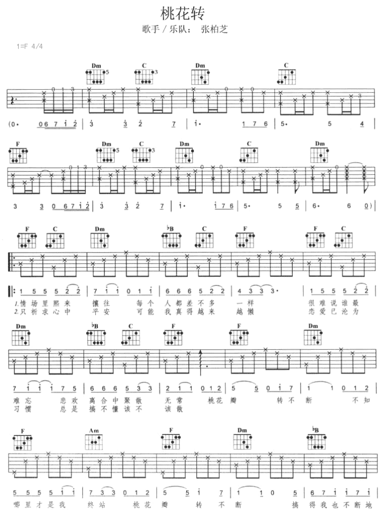 桃花转吉他谱-张柏芝-桃花转F调原版吉他谱简谱