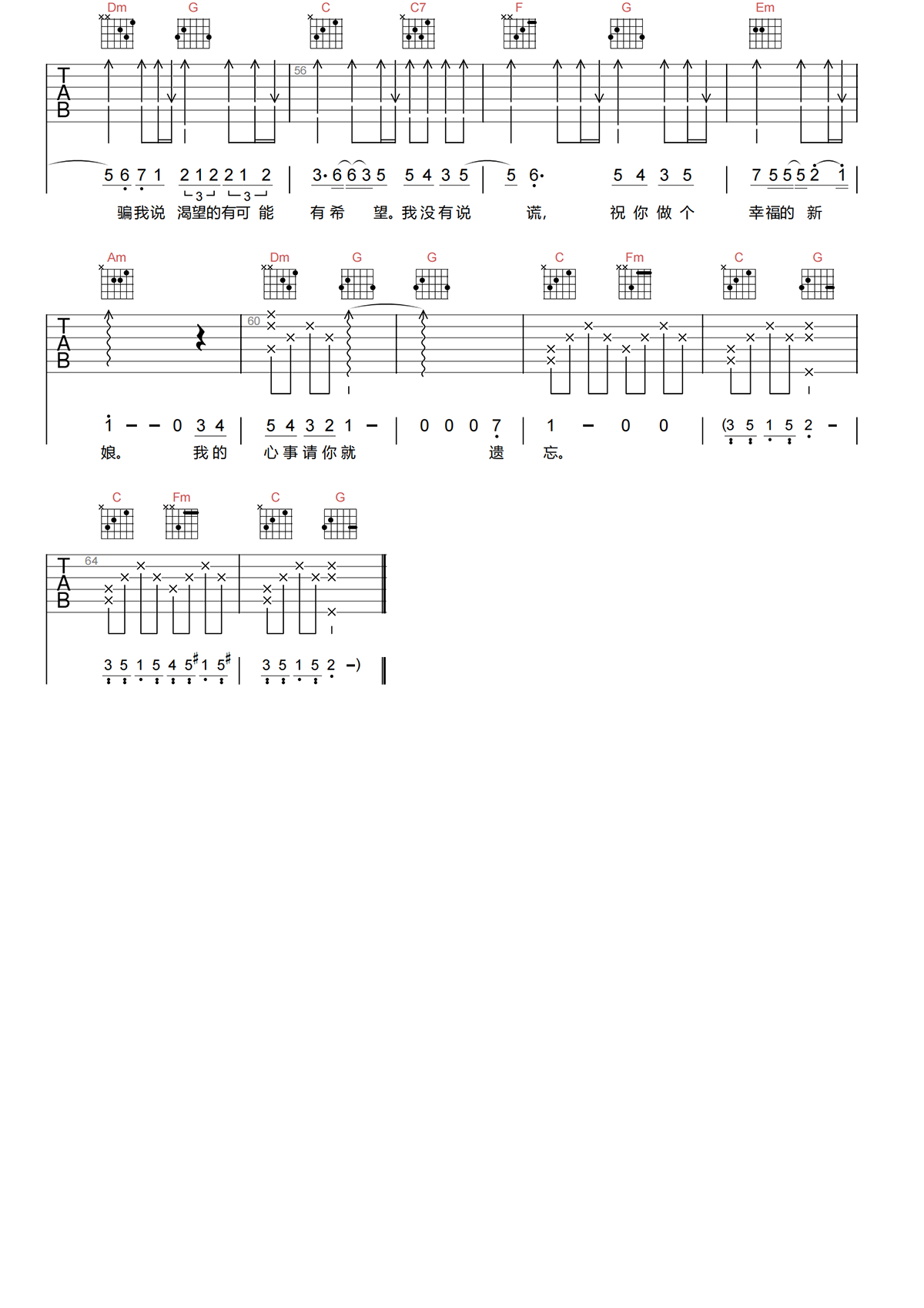 林宥嘉《说谎》吉他谱-《说谎》C调简单原版吉他谱简谱