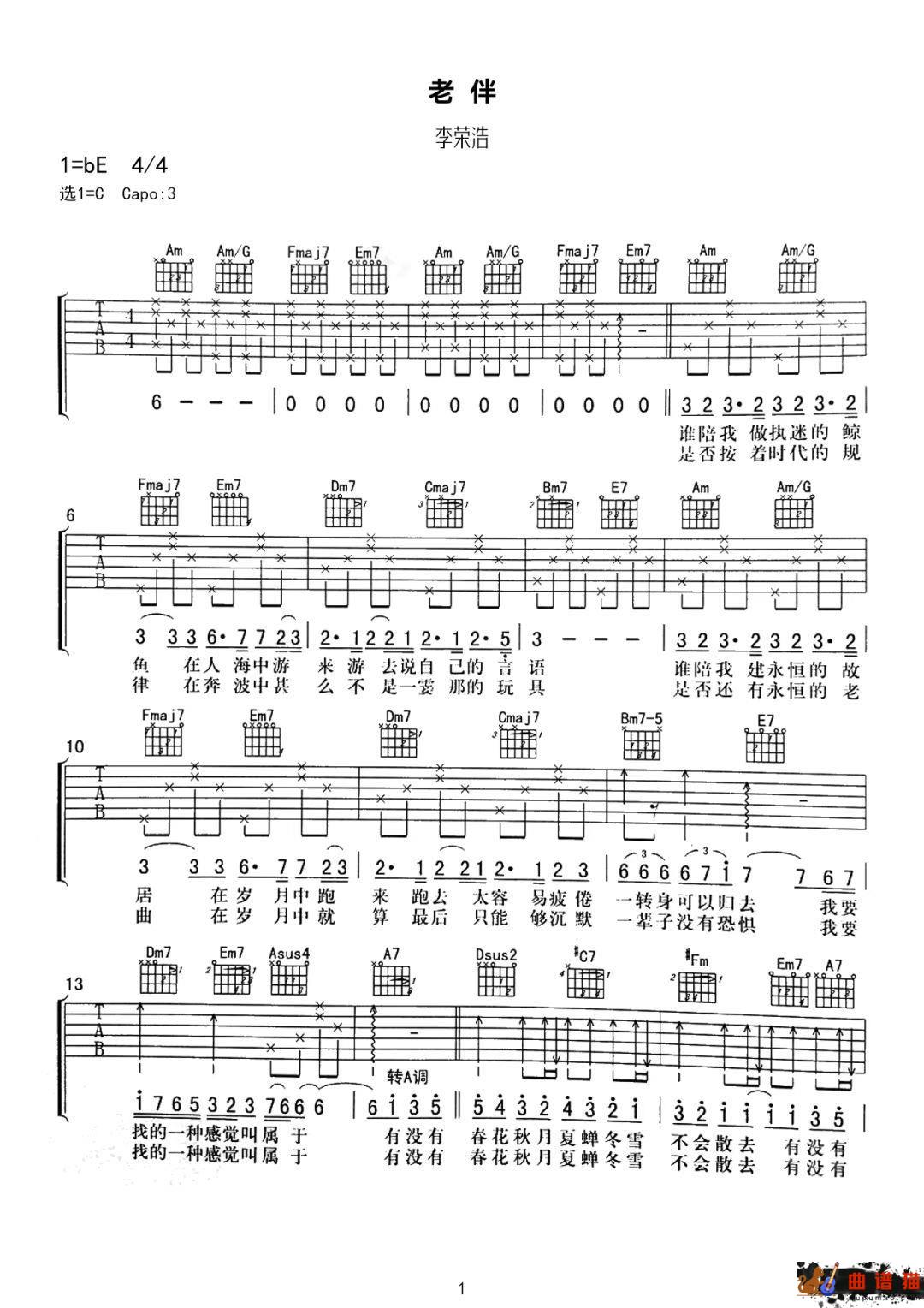 李荣浩《老伴》吉他谱-C调简谱