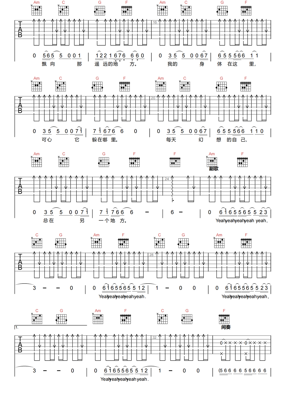 在别处吉他谱-许巍《在别处》C调弹唱谱-原版吉他谱简谱