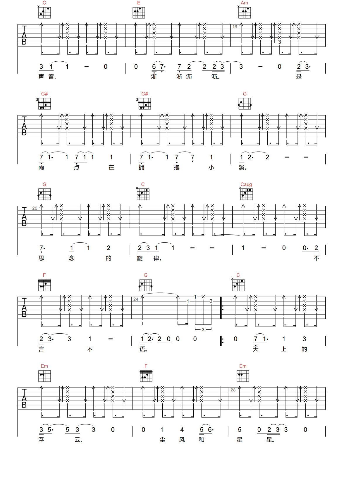 绿色的旋律吉他谱-陈洁丽-C调原版吉他谱-高清弹唱谱简谱