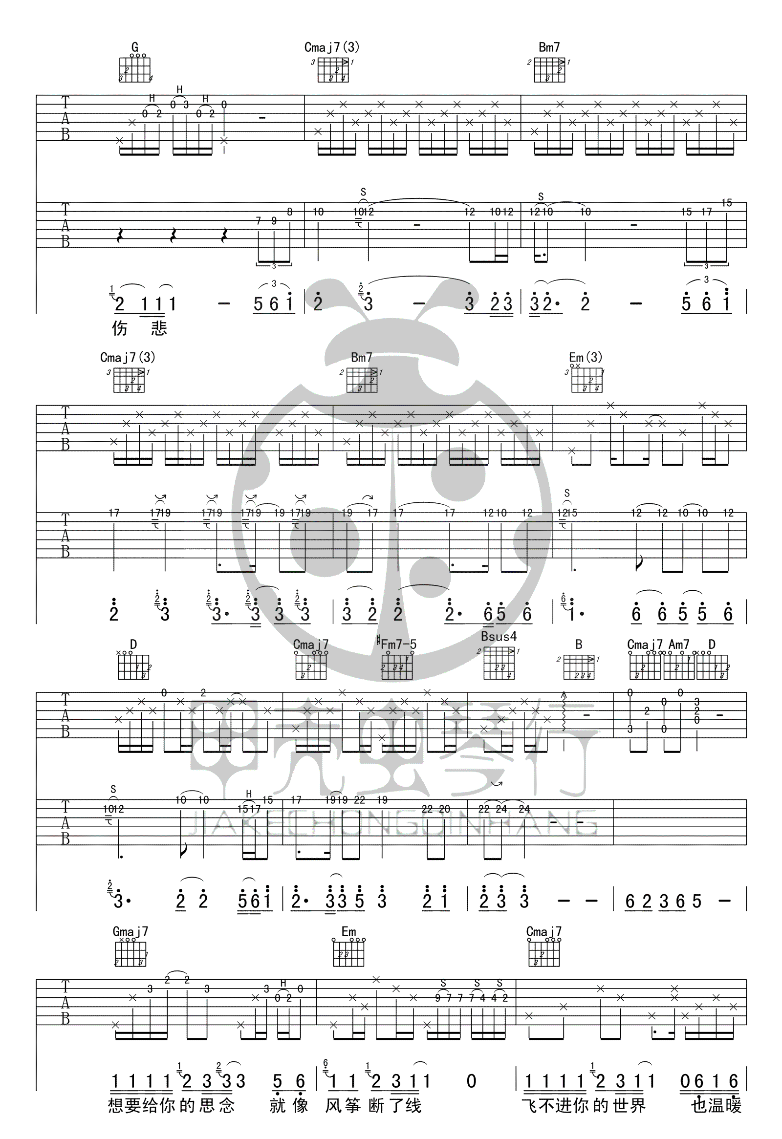 吻别吉他谱-张学友-吻别G调完美原版吉他谱简谱