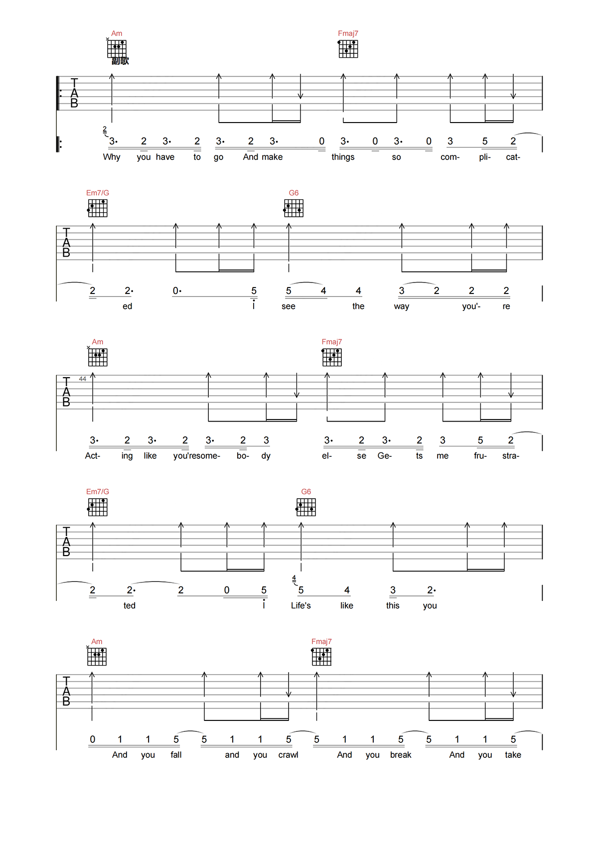 Avril《complicated》吉他谱-C调原版弹唱谱简谱