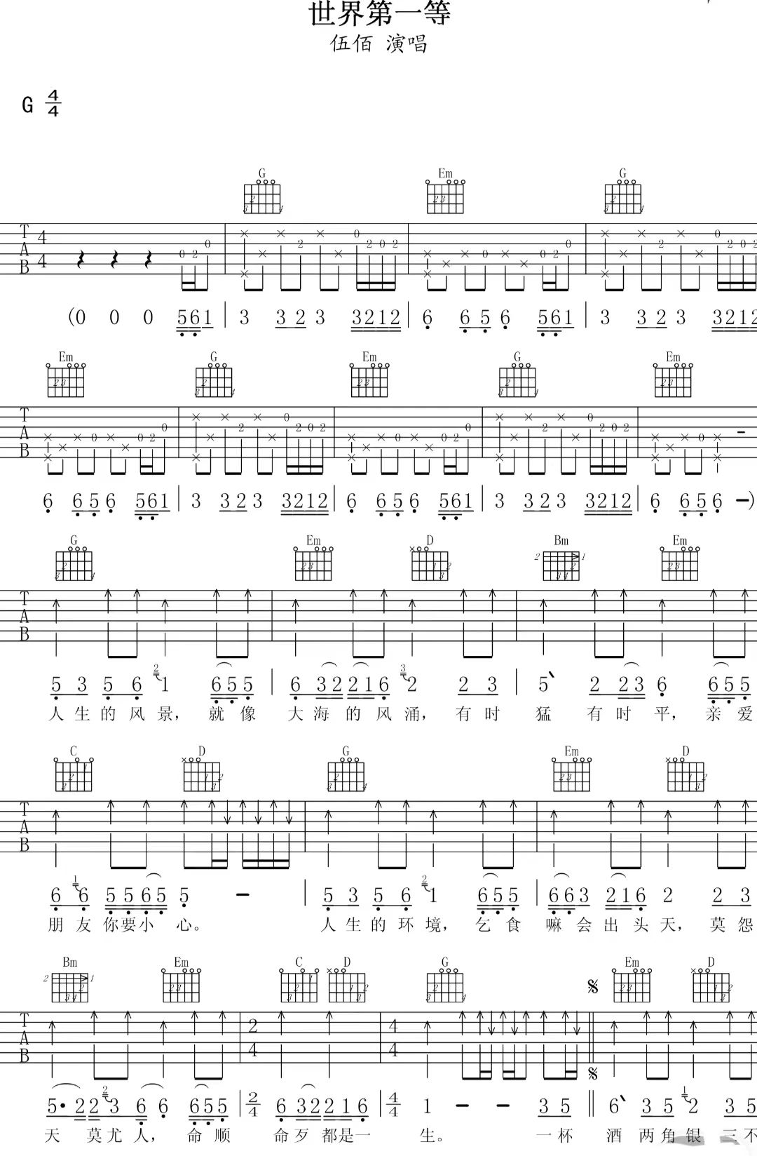 伍佰《世界第一等》吉他谱-G调原版吉他弹唱谱 伍佰《世界第一等》吉他谱-G调原版吉他弹唱谱