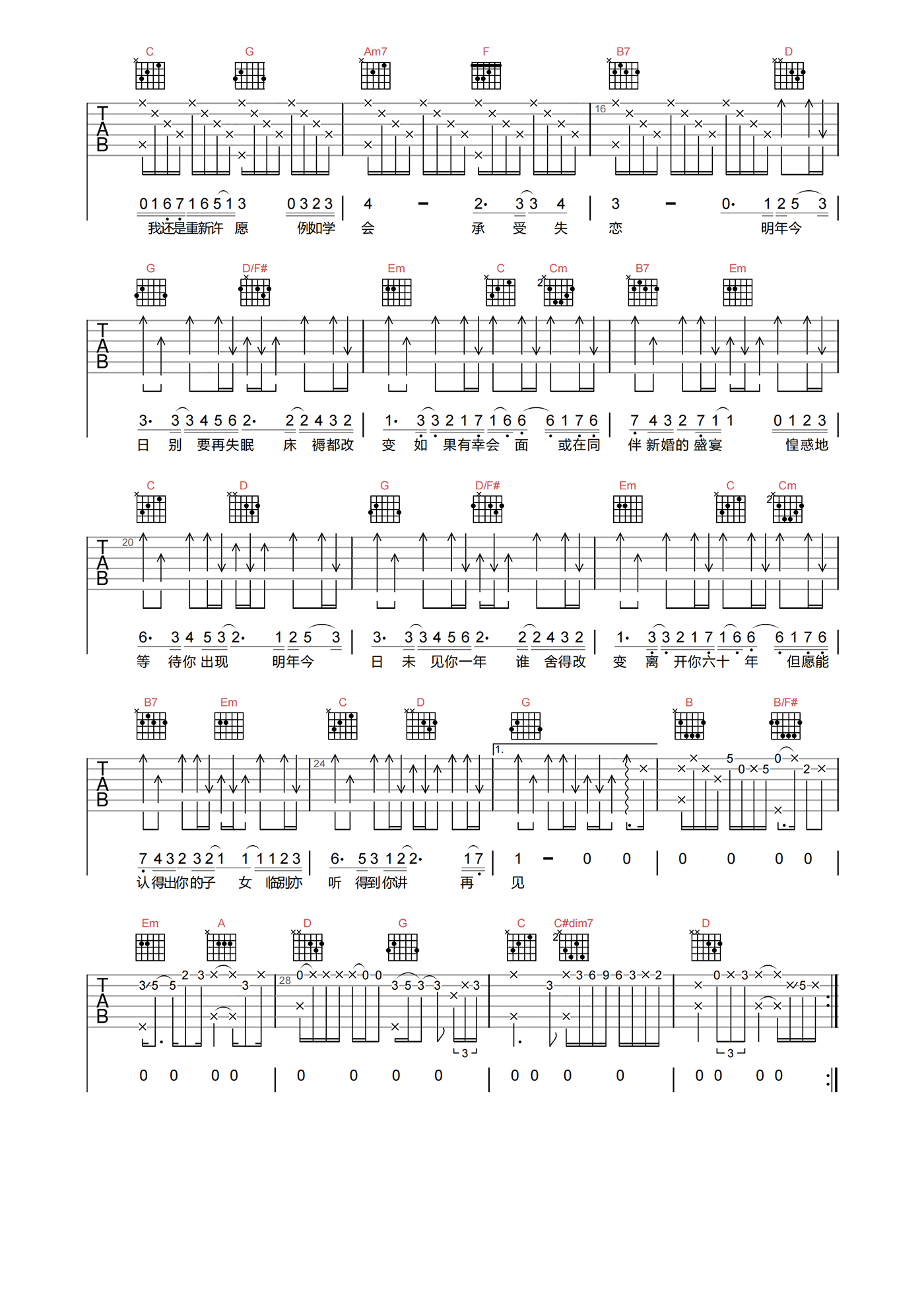 陈奕迅《明年今日》吉他谱-G调原版高清吉他谱