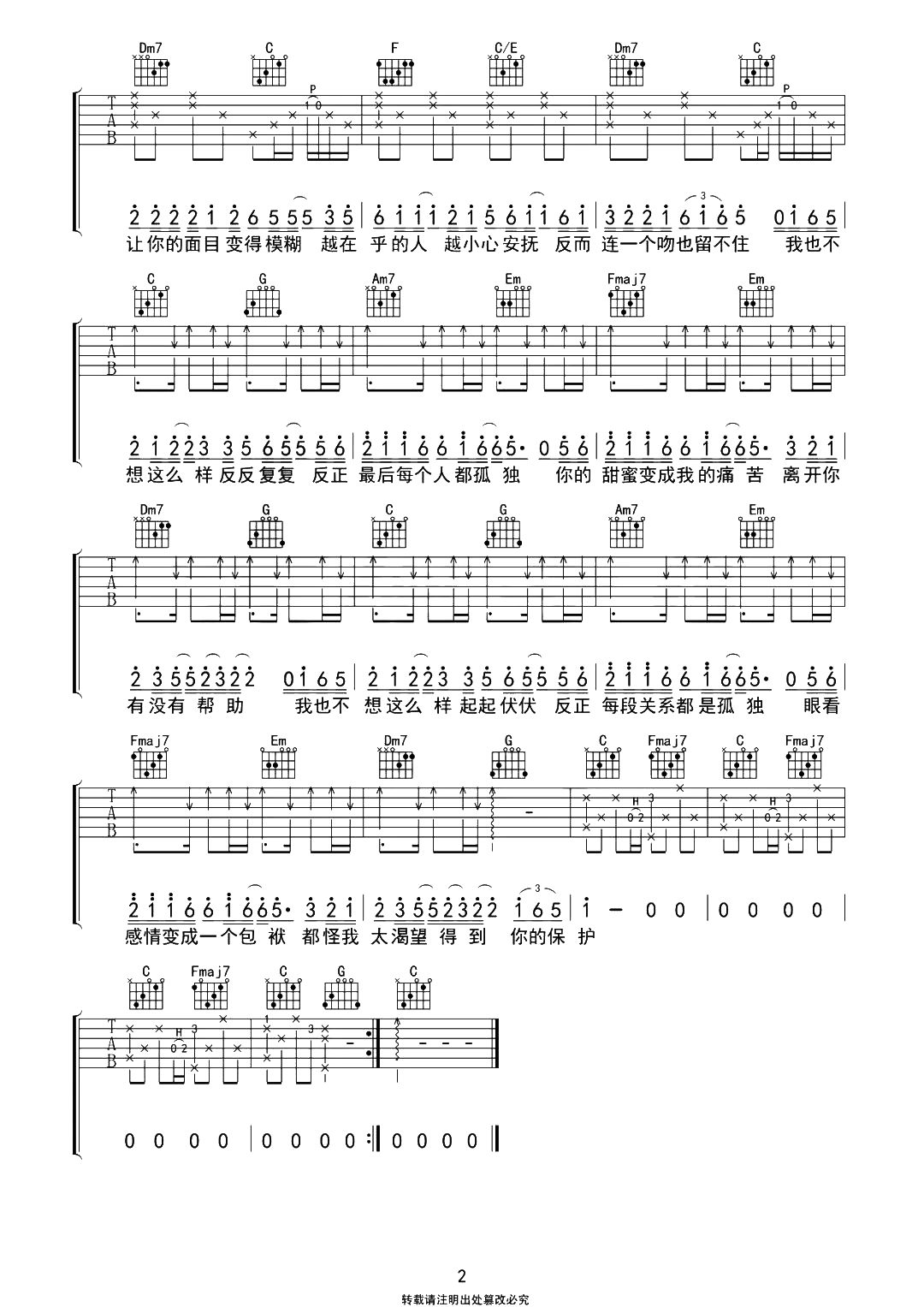 我也不想这样吉他谱-徐佳莹-C调原版-吉他演示视频简谱