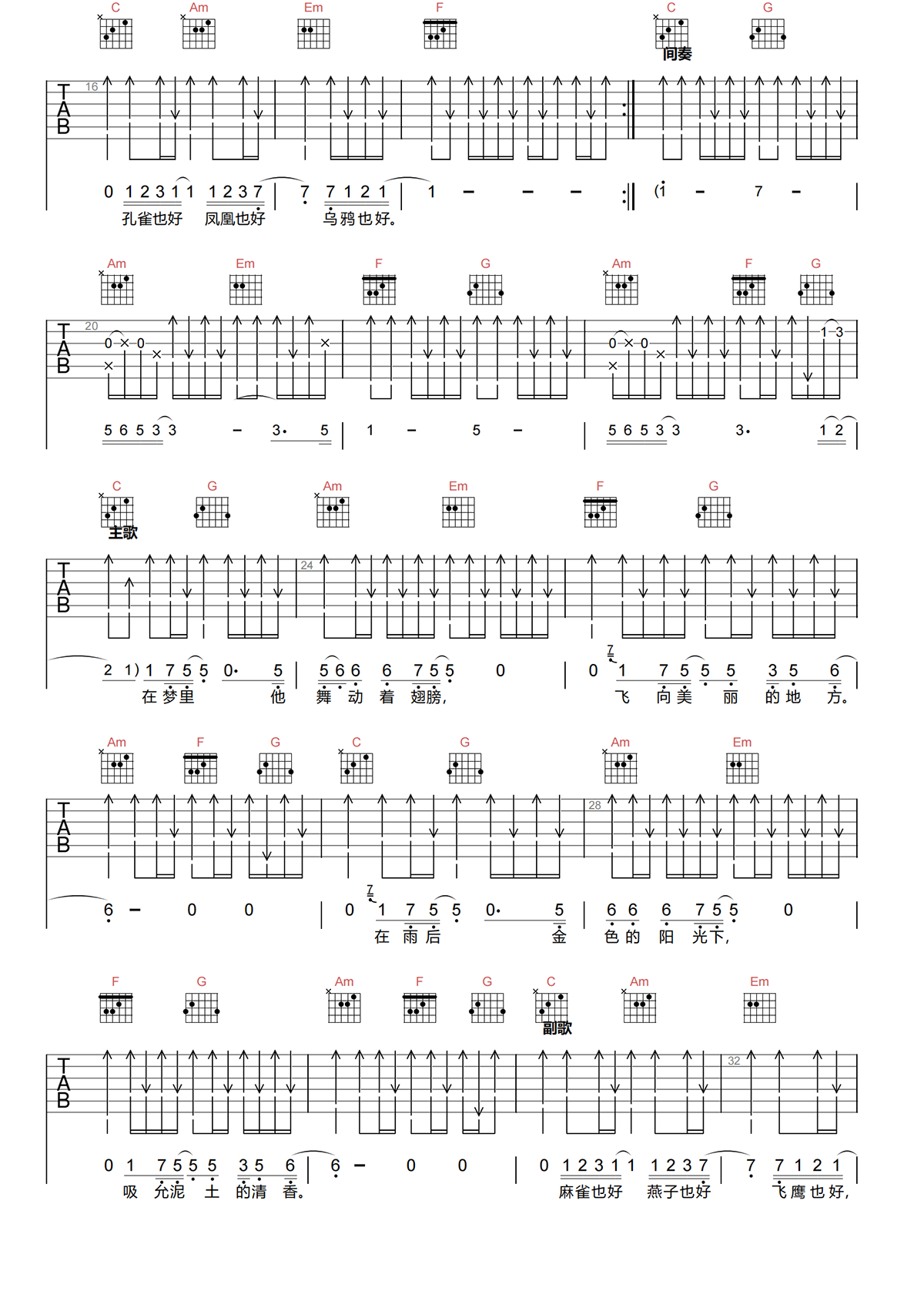 鸟语吉他谱-万晓利-鸟语C调扫弦弹唱吉他谱简谱