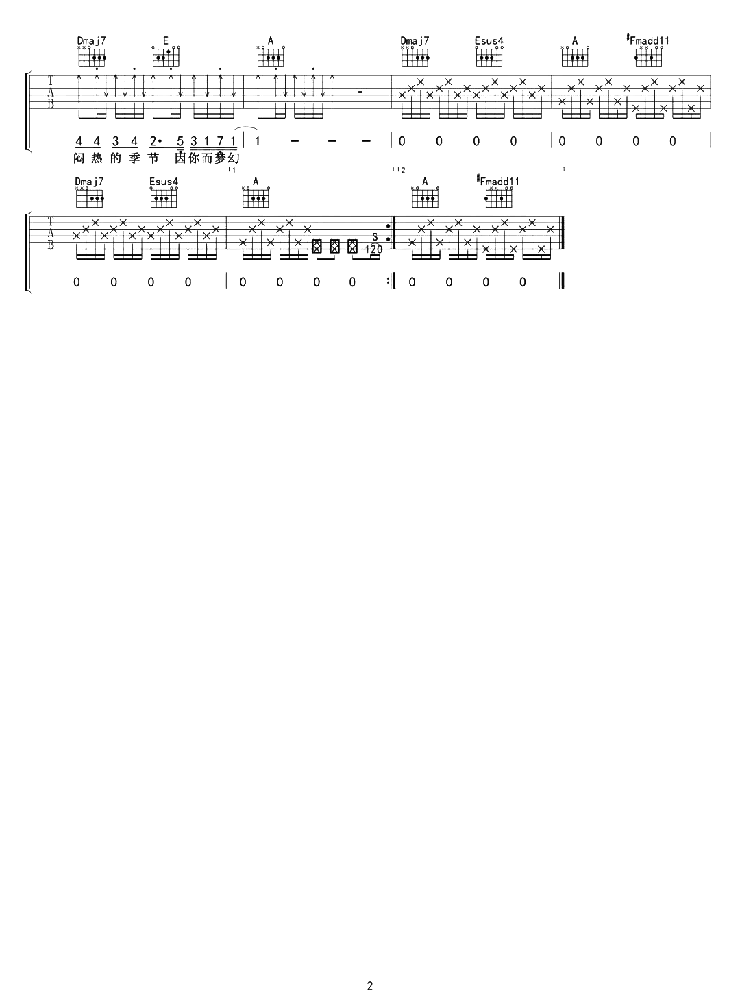 小城夏天吉他谱-LBI利比-A调精细原版-附示范音频简谱