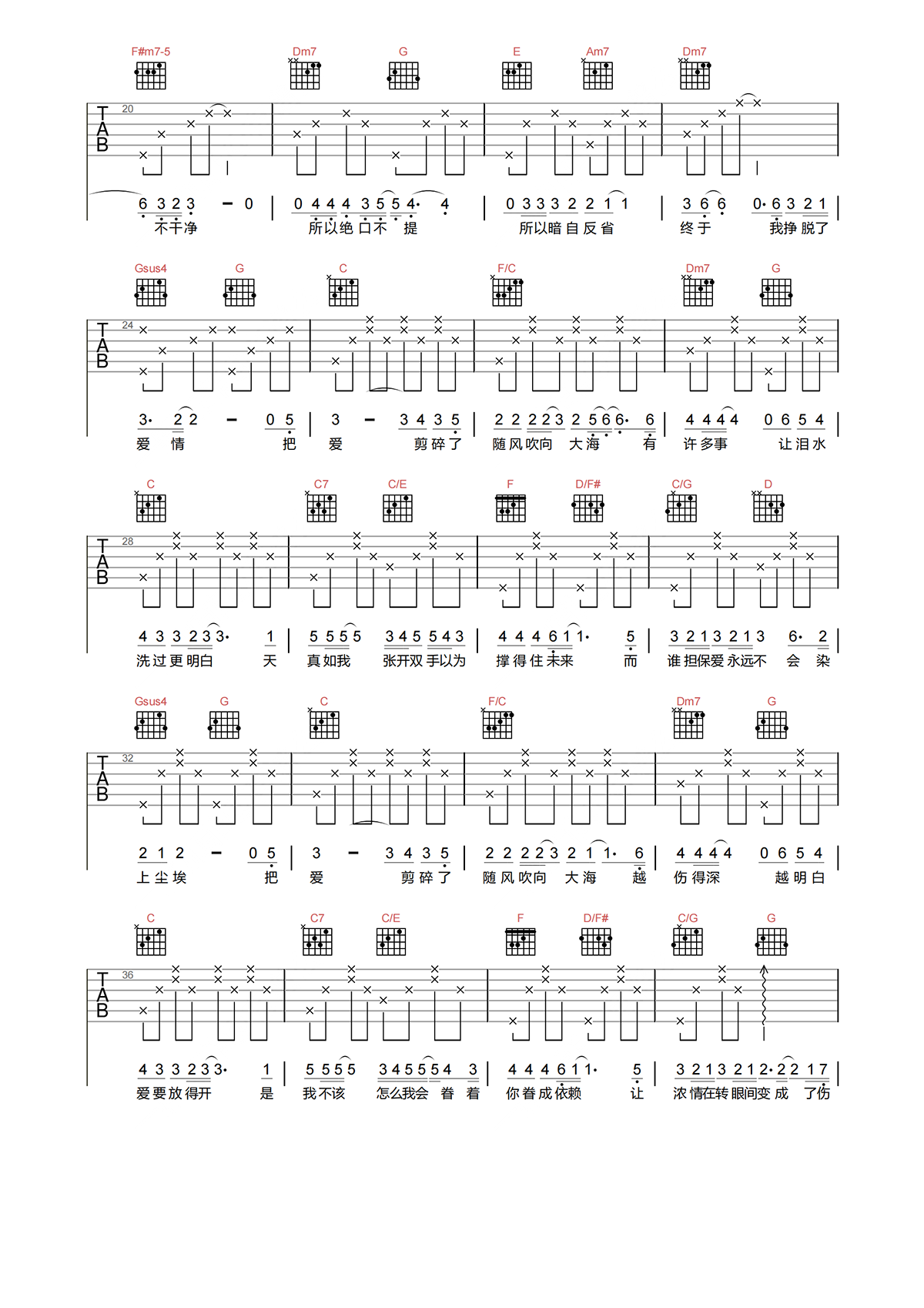 张惠妹《剪爱》吉他谱-《剪爱》C调指法原版吉他谱简谱