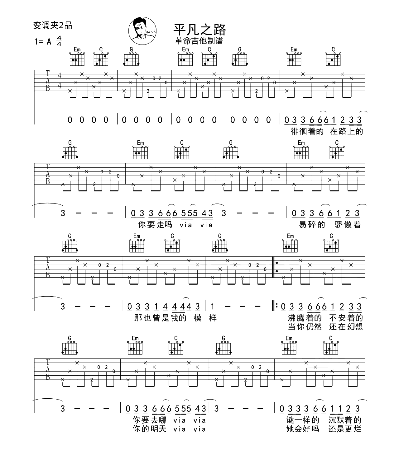 平凡之路吉他谱-朴树-G调原版-附弹唱演示教学简谱