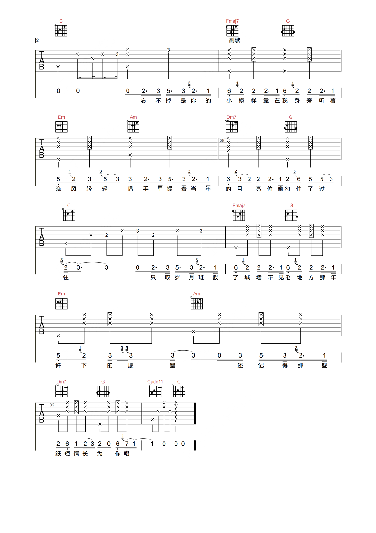 小模样吉他谱-张小只YA-小模样C调原版吉他谱简谱