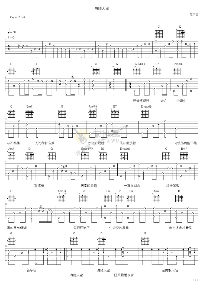 信乐团《海阔天空》吉他谱-C调吉他弹唱谱简谱