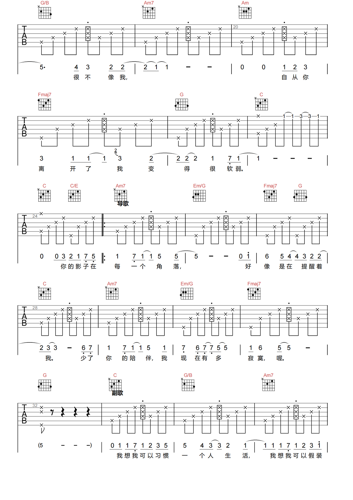 林凡《一个人生活吉他谱》C调原版吉他谱简谱