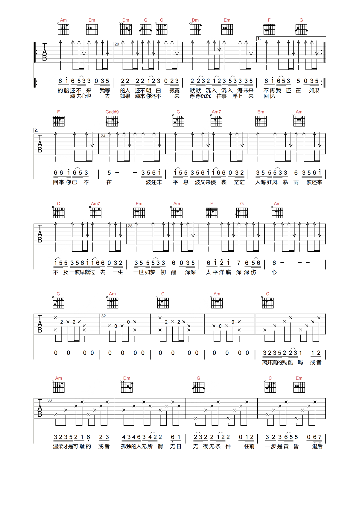 任贤齐《伤心太平洋》吉他谱-C调原版高清吉他谱简谱