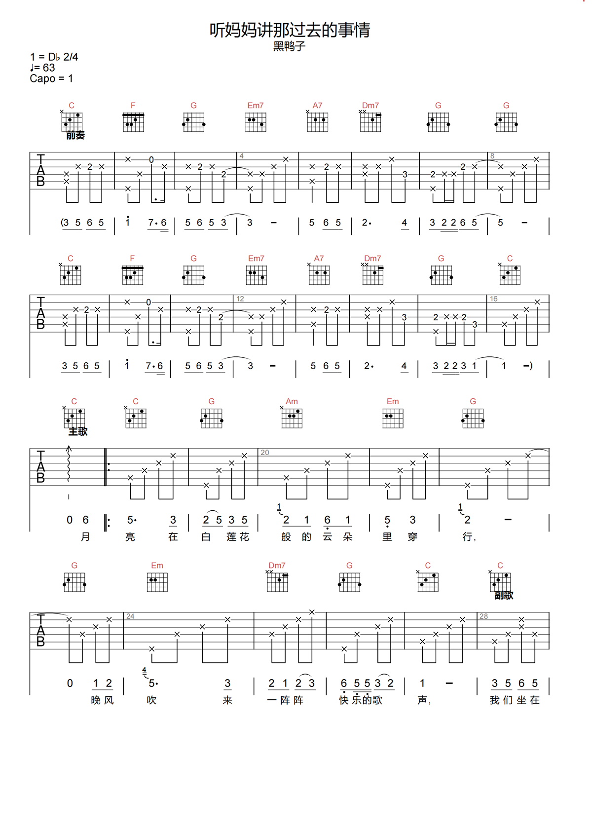 听妈妈讲那过去的事情吉他谱-黑鸭子-C调原版吉他谱简谱