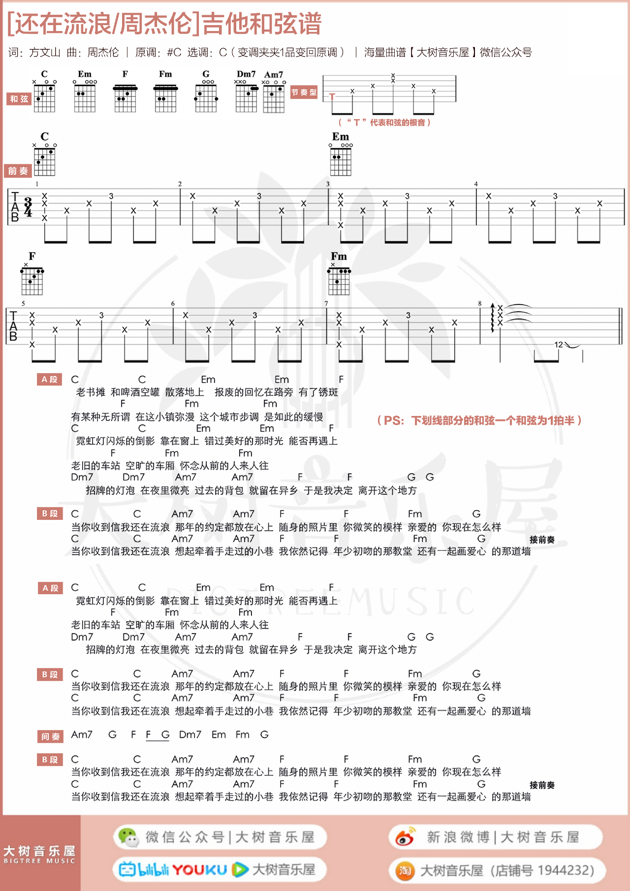 周杰伦《还在流浪》吉他谱-C调女生版-附演示教学简谱