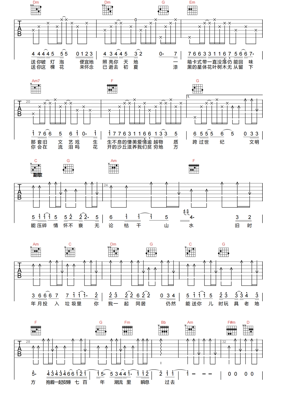 陈奕迅《七百年后》吉他谱 C调原版吉他谱