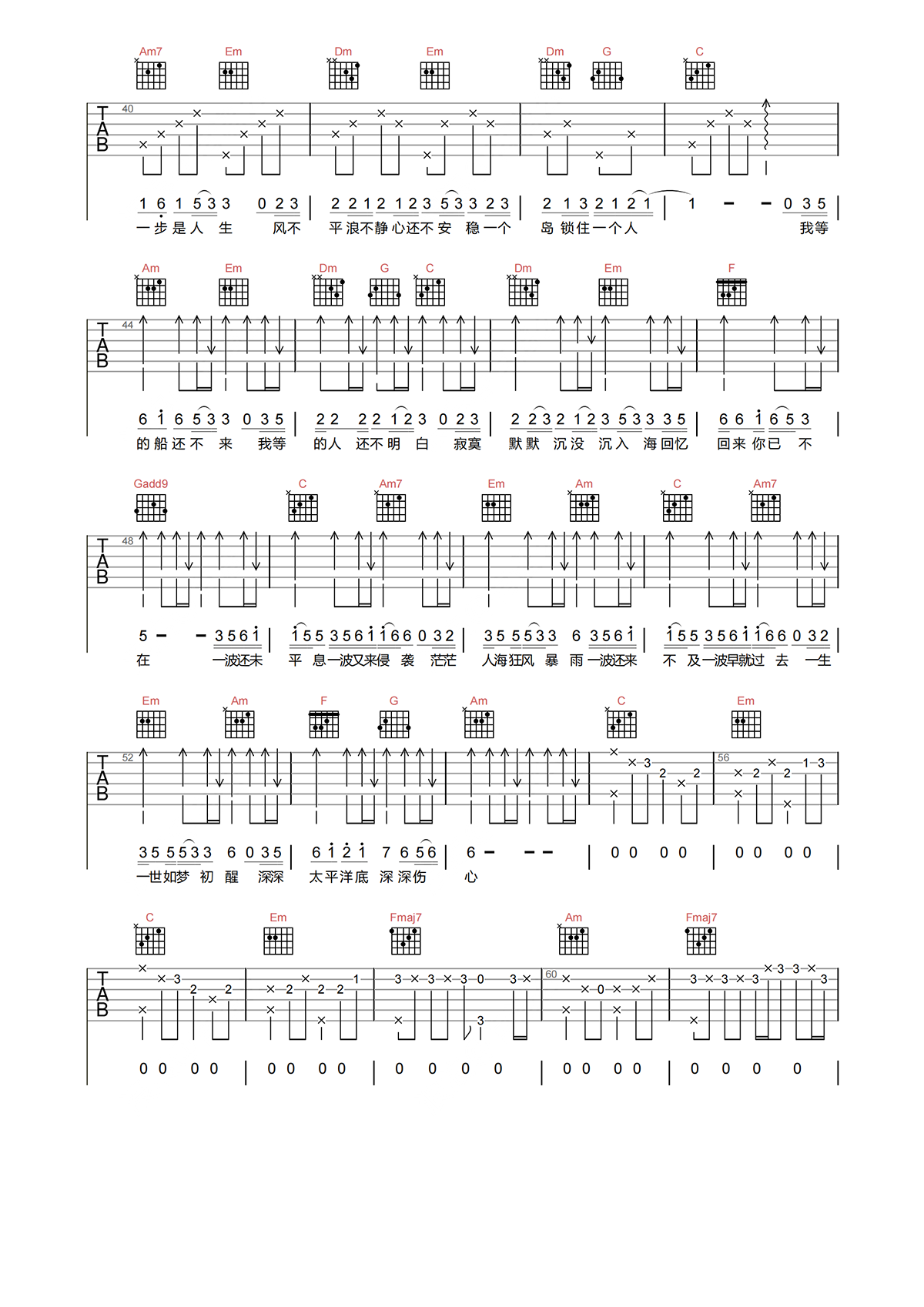任贤齐《伤心太平洋》吉他谱-C调原版高清吉他谱简谱